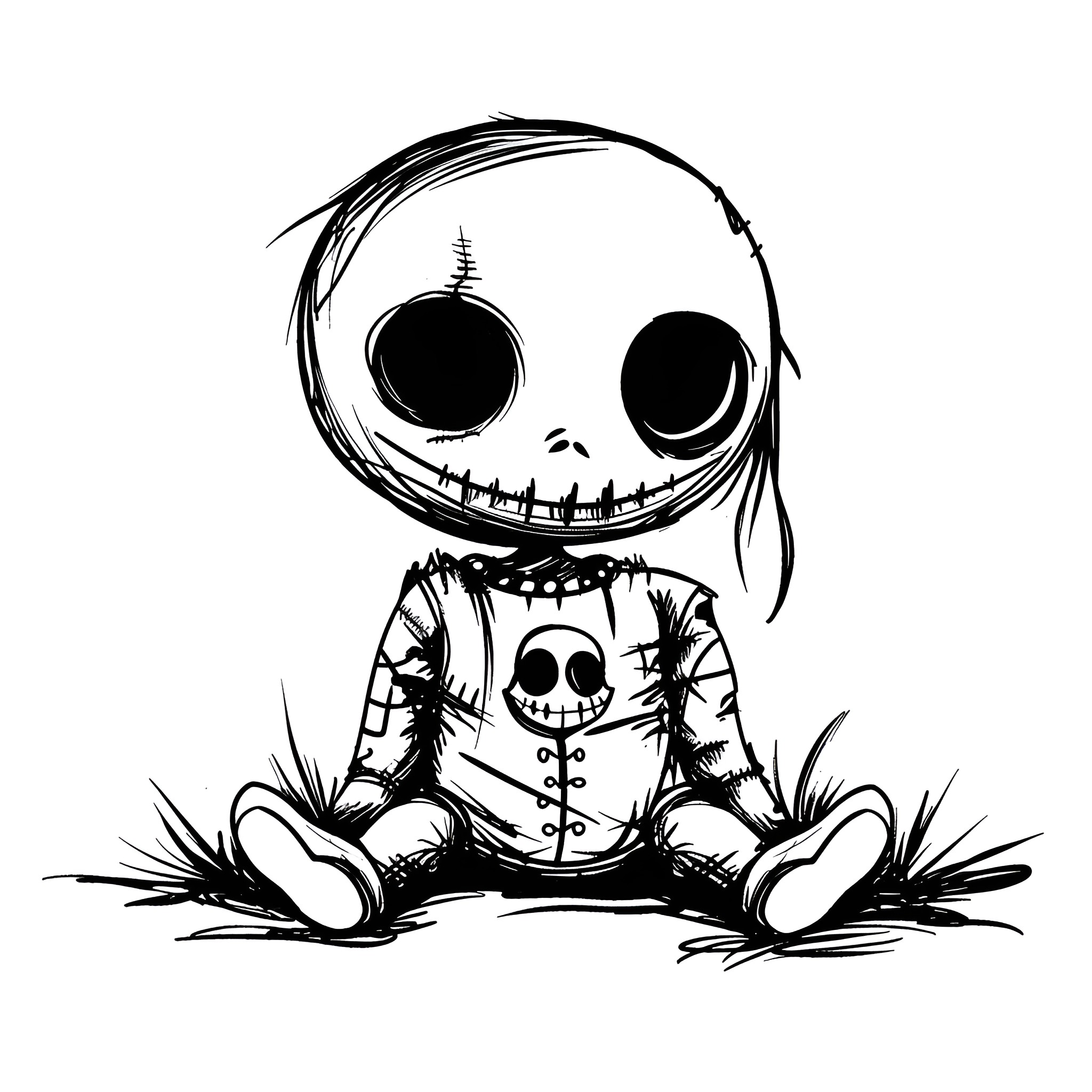 Halloween Creepy Doll Sitting Alone Drawing Idea (free black-and-white line drawing printable PDF for all, from beginners to advanced learners, including children, teens, adults, and seniors)
