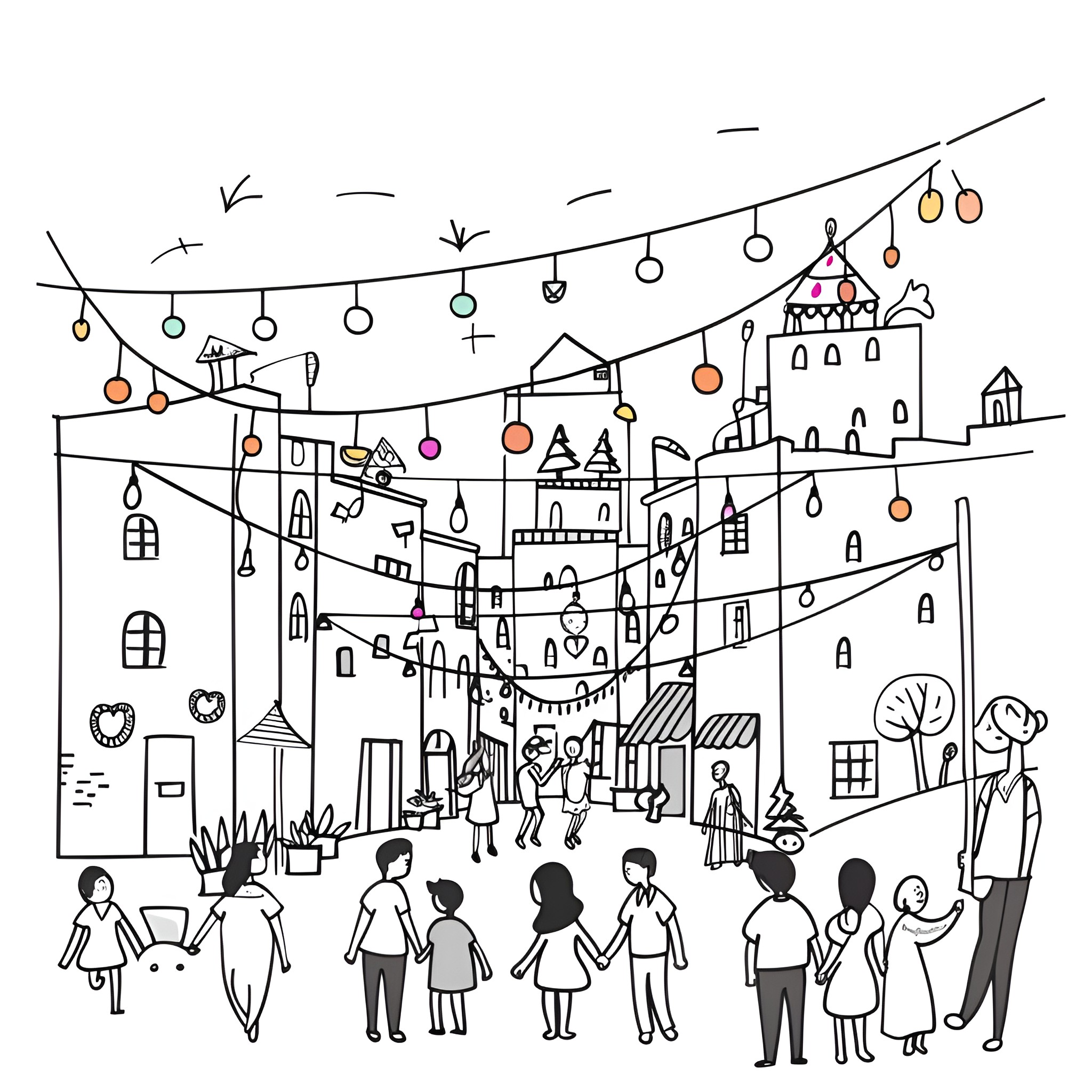 Aesthetic holiday celebration in town Drawing Idea (free black-and-white line drawing printable PDF for all, from beginners to advanced learners, including children, teens, adults, and seniors)