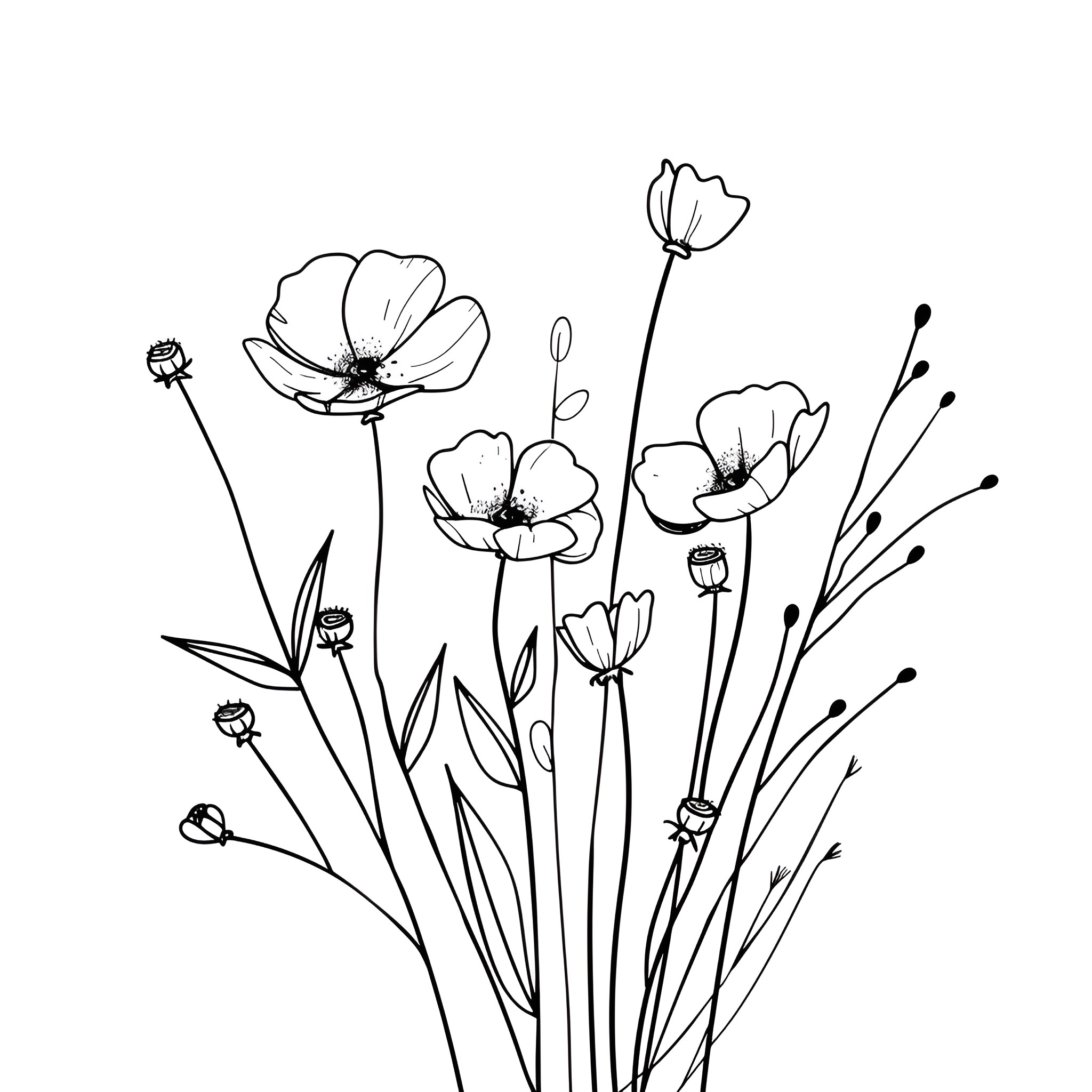 Flowers blooming in wild array Drawing Idea (free black-and-white line drawing printable PDF for all, from beginners to advanced learners, including children, teens, adults, and seniors)