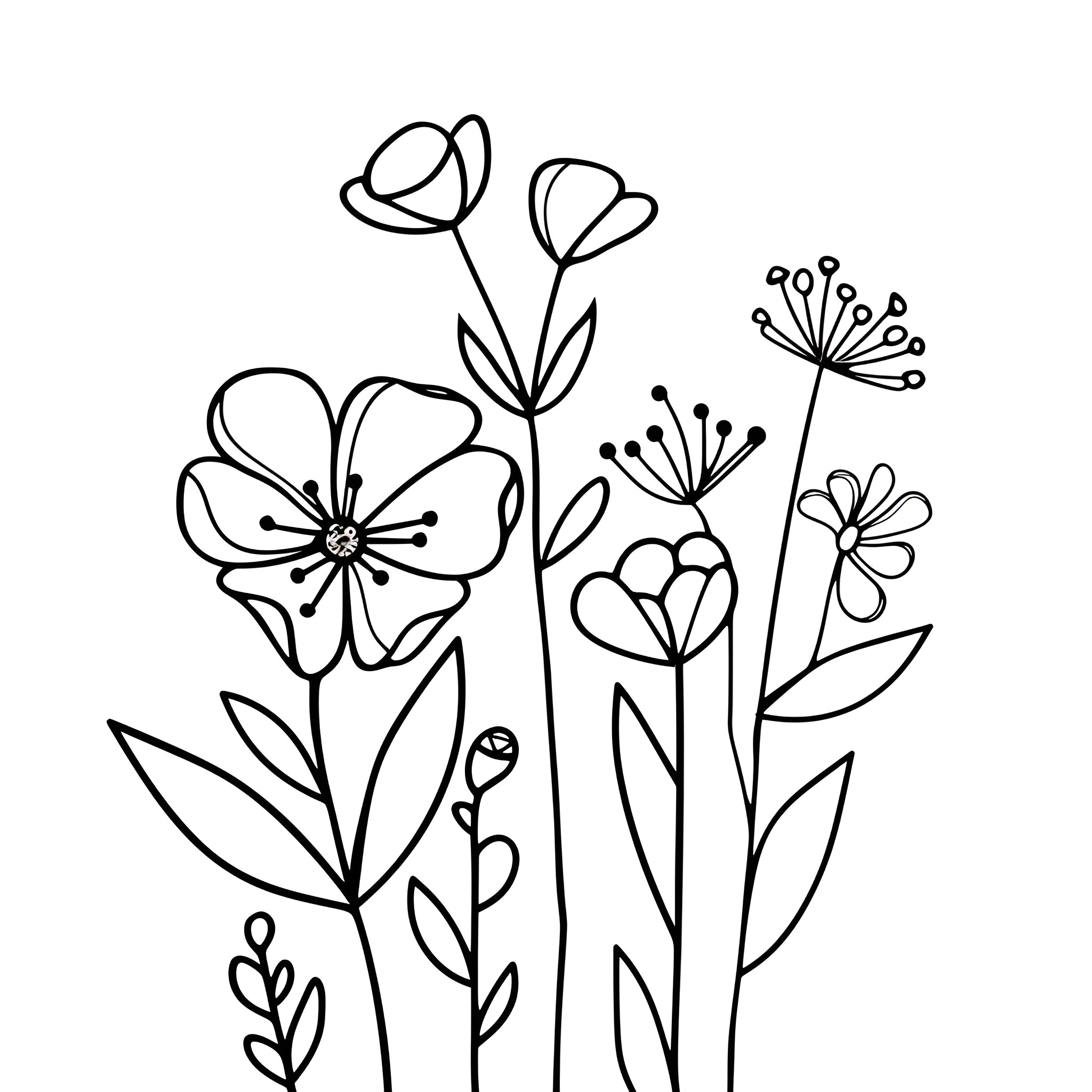 Flowers blooming whimsically Drawing Idea (free black-and-white line drawing printable PDF for all, from beginners to advanced learners, including children, teens, adults, and seniors)