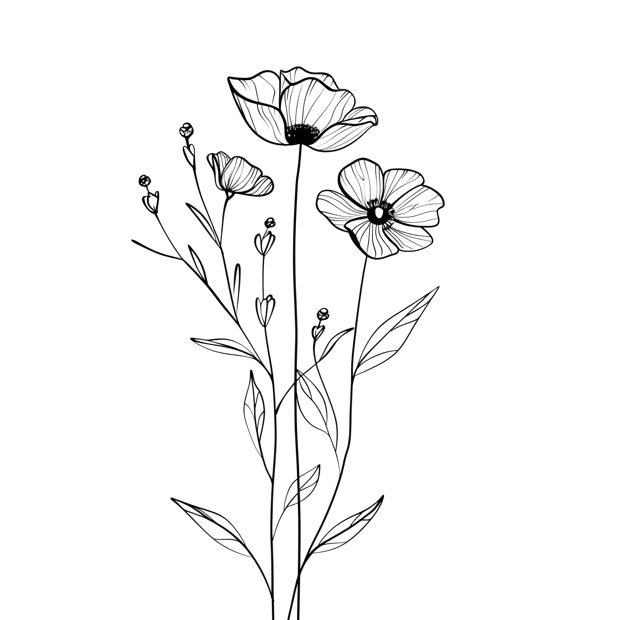 Flowers swaying in the breeze Drawing Idea (free black-and-white line drawing printable PDF for all, from beginners to advanced learners, including children, teens, adults, and seniors)
