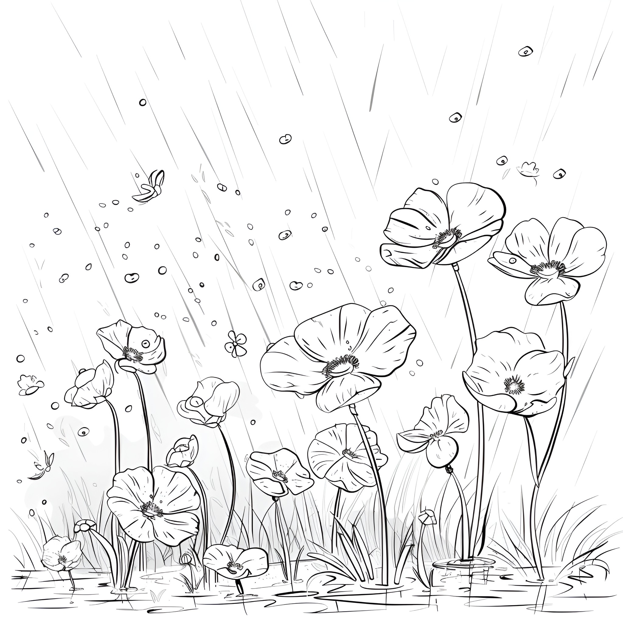 Flowers blooming gracefully in the rain Drawing Idea (free black-and-white line drawing printable PDF for all, from beginners to advanced learners, including children, teens, adults, and seniors)