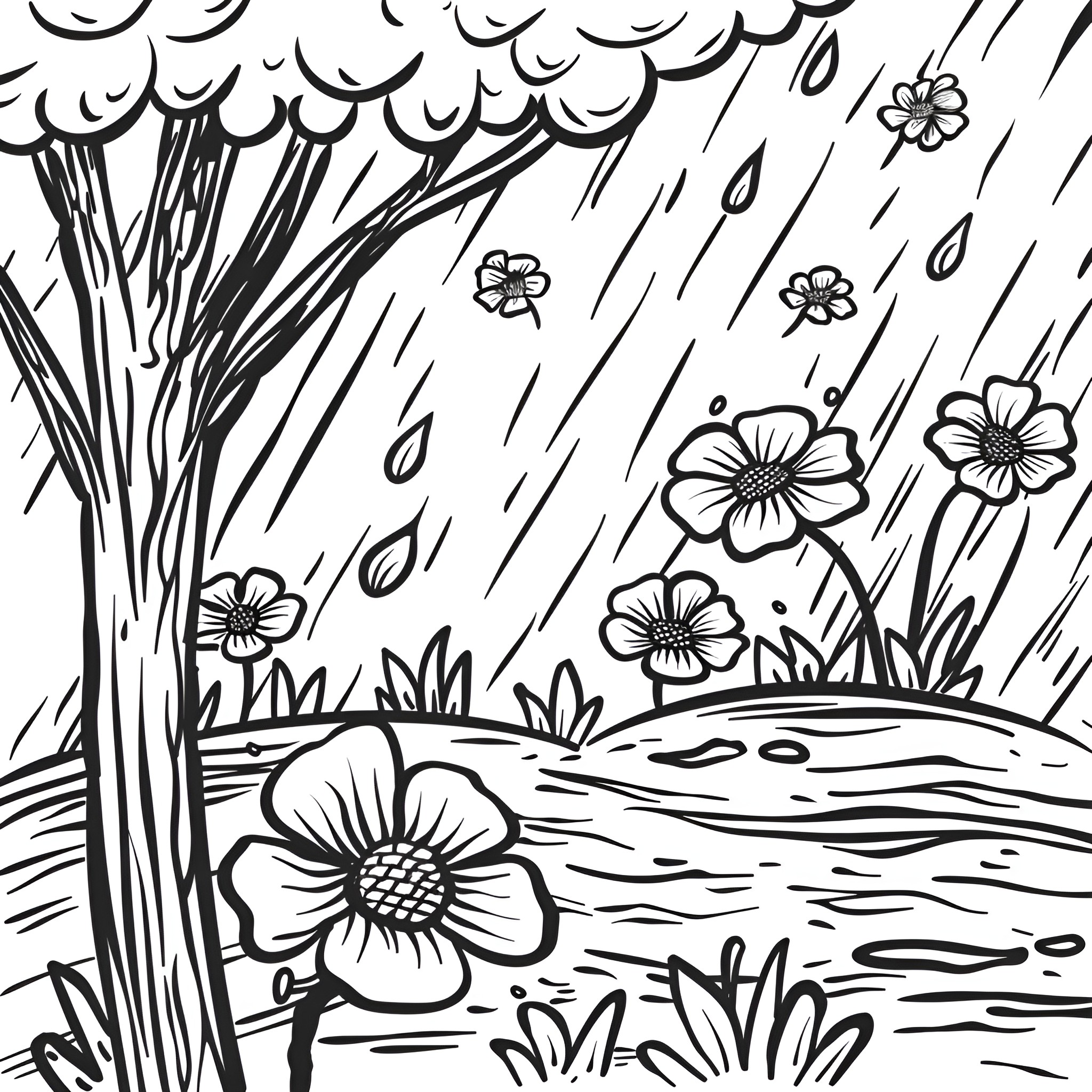 Flowers blooming in rainy landscape Drawing Idea (free black-and-white line drawing printable PDF for all, from beginners to advanced learners, including children, teens, adults, and seniors)