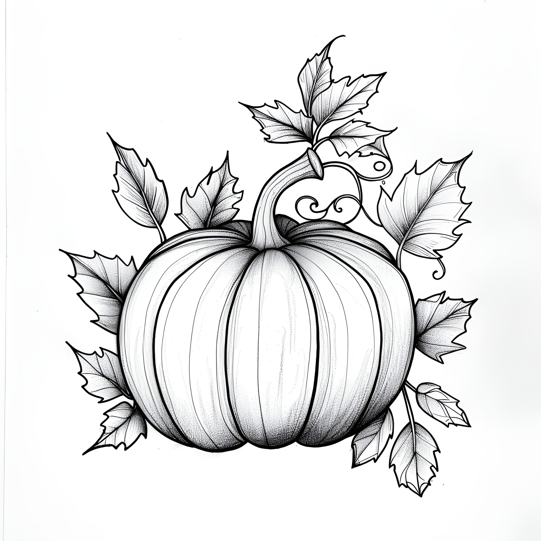 Pumpkin with decorative autumn leaves Drawing Idea (free black-and-white line drawing printable PDF for all, from beginners to advanced learners, including children, teens, adults, and seniors)