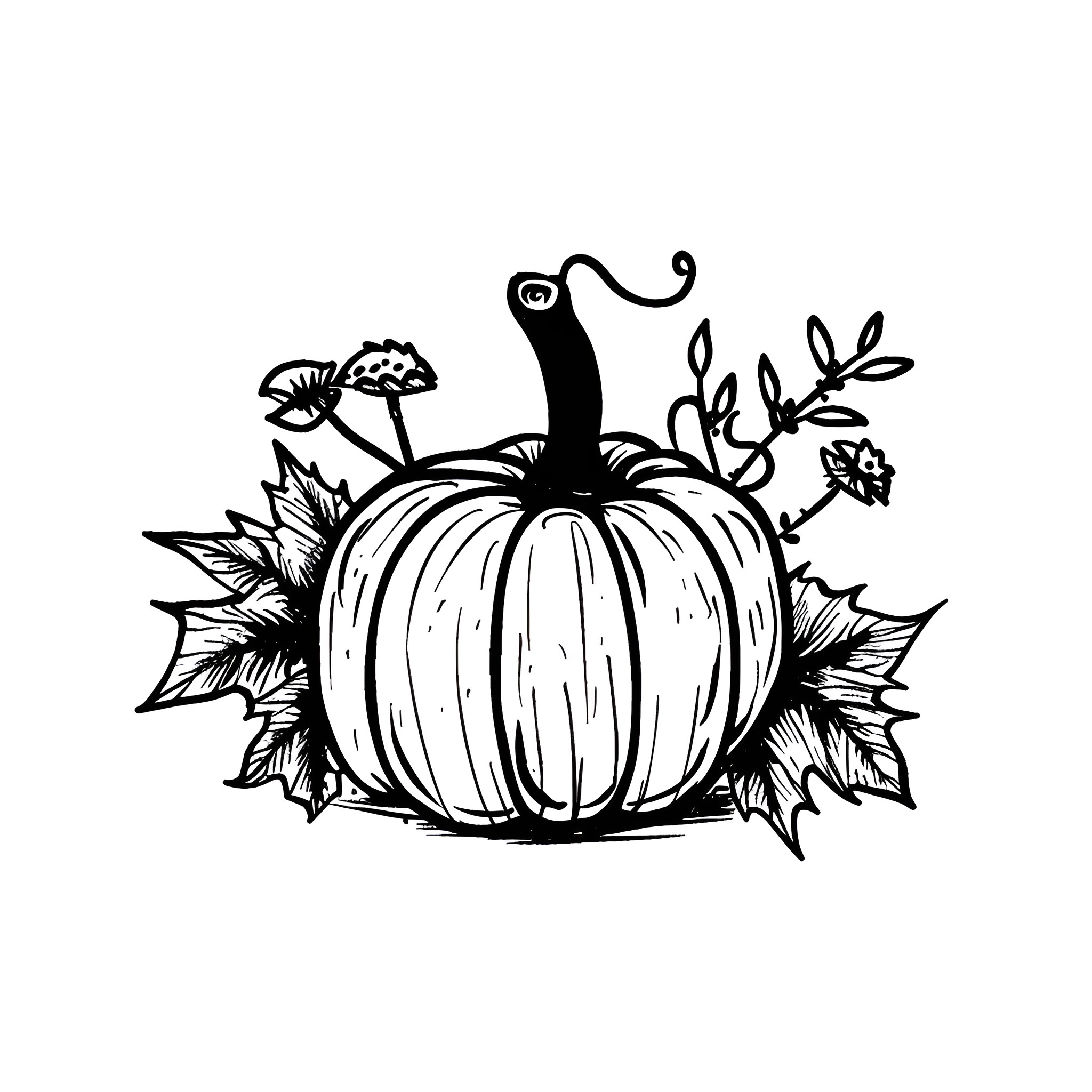 Pumpkin surrounded by autumn foliage Drawing Idea (free black-and-white line drawing printable PDF for all, from beginners to advanced learners, including children, teens, adults, and seniors)