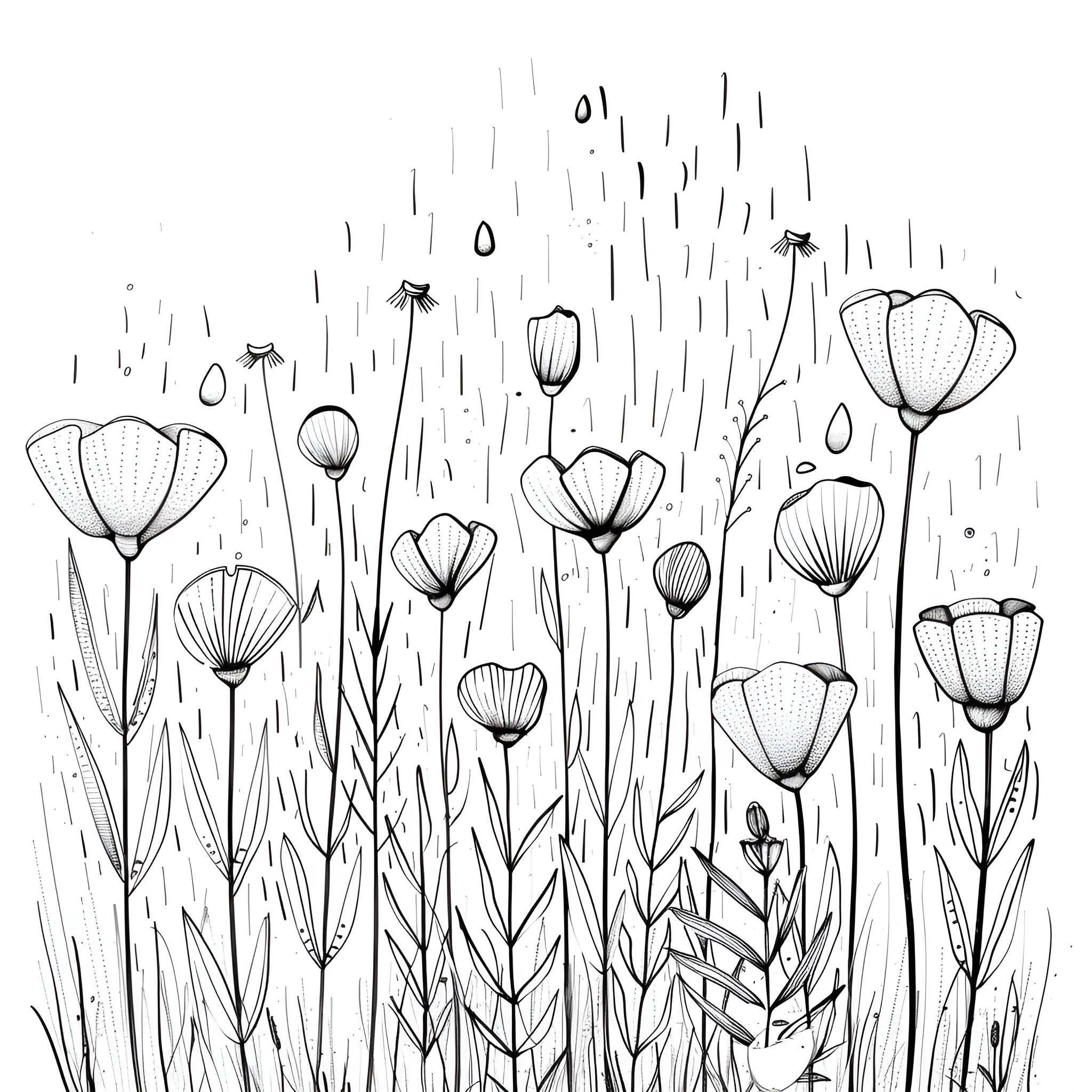 Flowers blossoming in the rain Drawing Idea (free black-and-white line drawing printable PDF for all, from beginners to advanced learners, including children, teens, adults, and seniors)