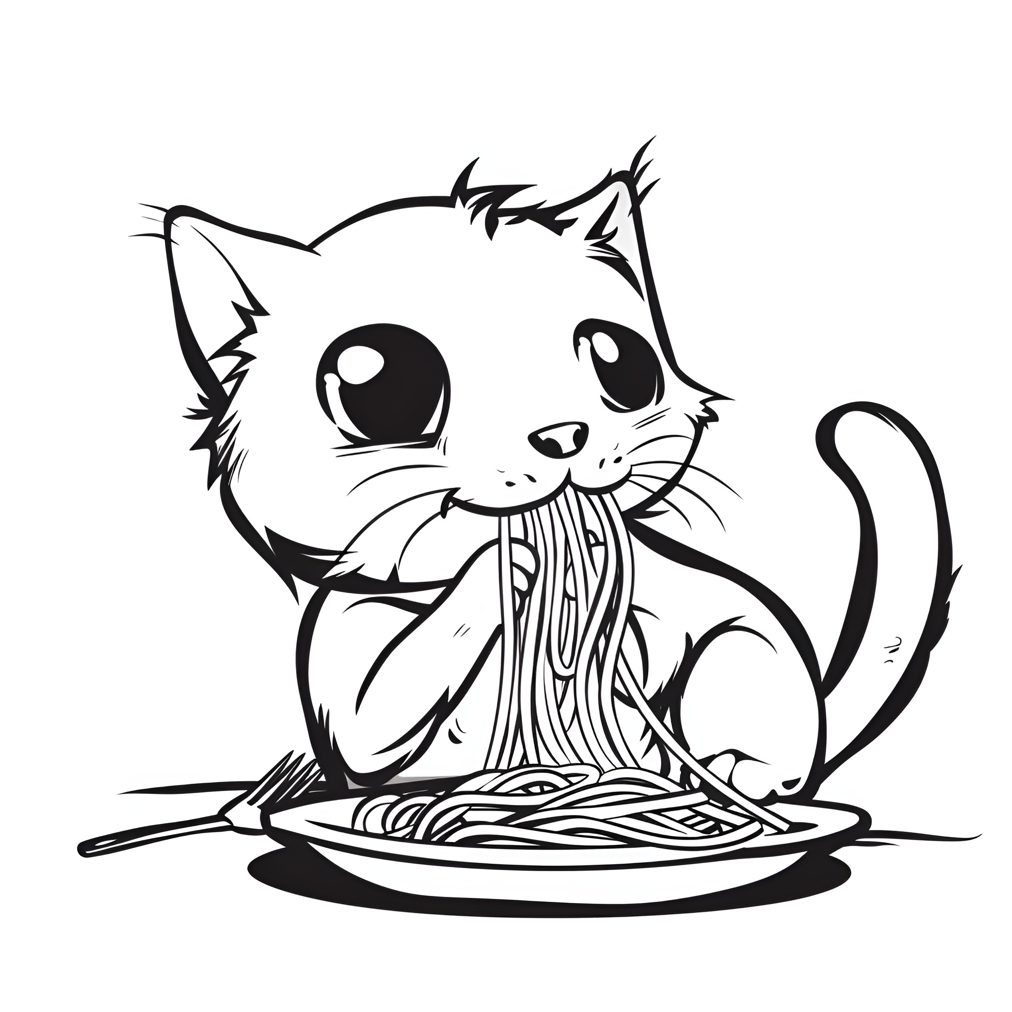 Cartoon Cat Eating Spaghetti Drawing Idea (free black-and-white line drawing printable PDF for all, from beginners to advanced learners, including children, teens, adults, and seniors)