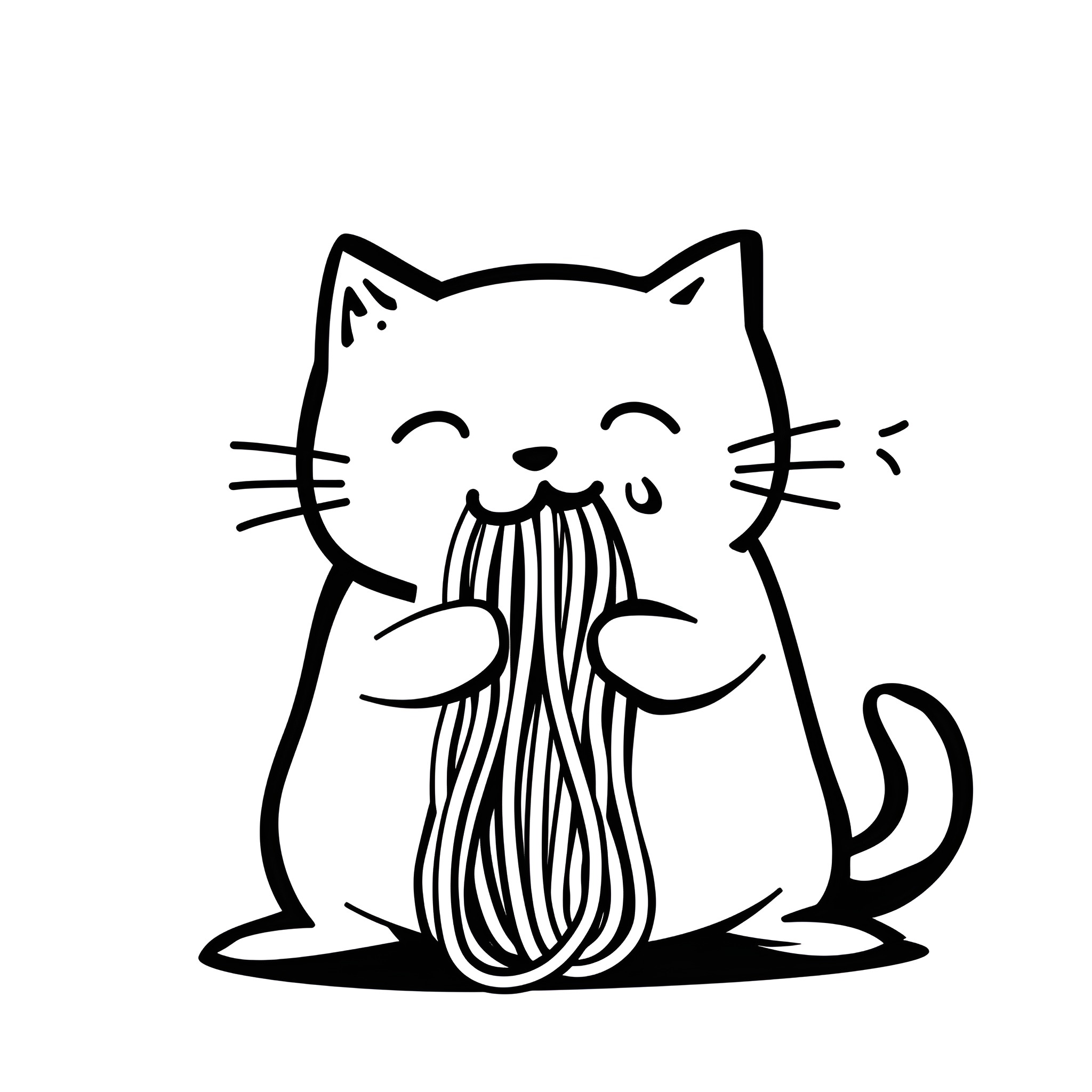 Cartoon cat eating spaghetti playfully Drawing Idea (free black-and-white line drawing printable PDF for all, from beginners to advanced learners, including children, teens, adults, and seniors)