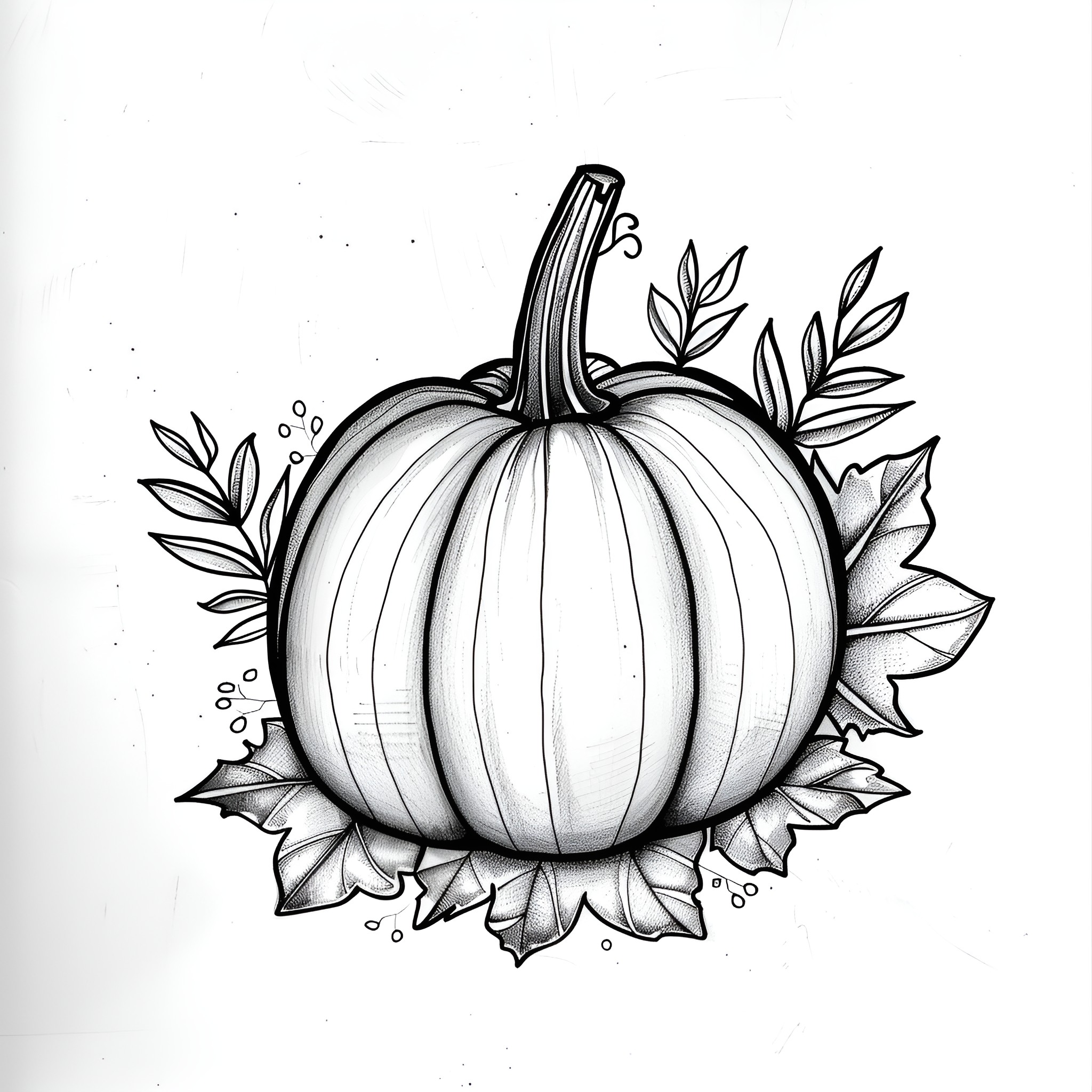 Pumpkin surrounded by autumn leaves Drawing Idea (free black-and-white line drawing printable PDF for all, from beginners to advanced learners, including children, teens, adults, and seniors)