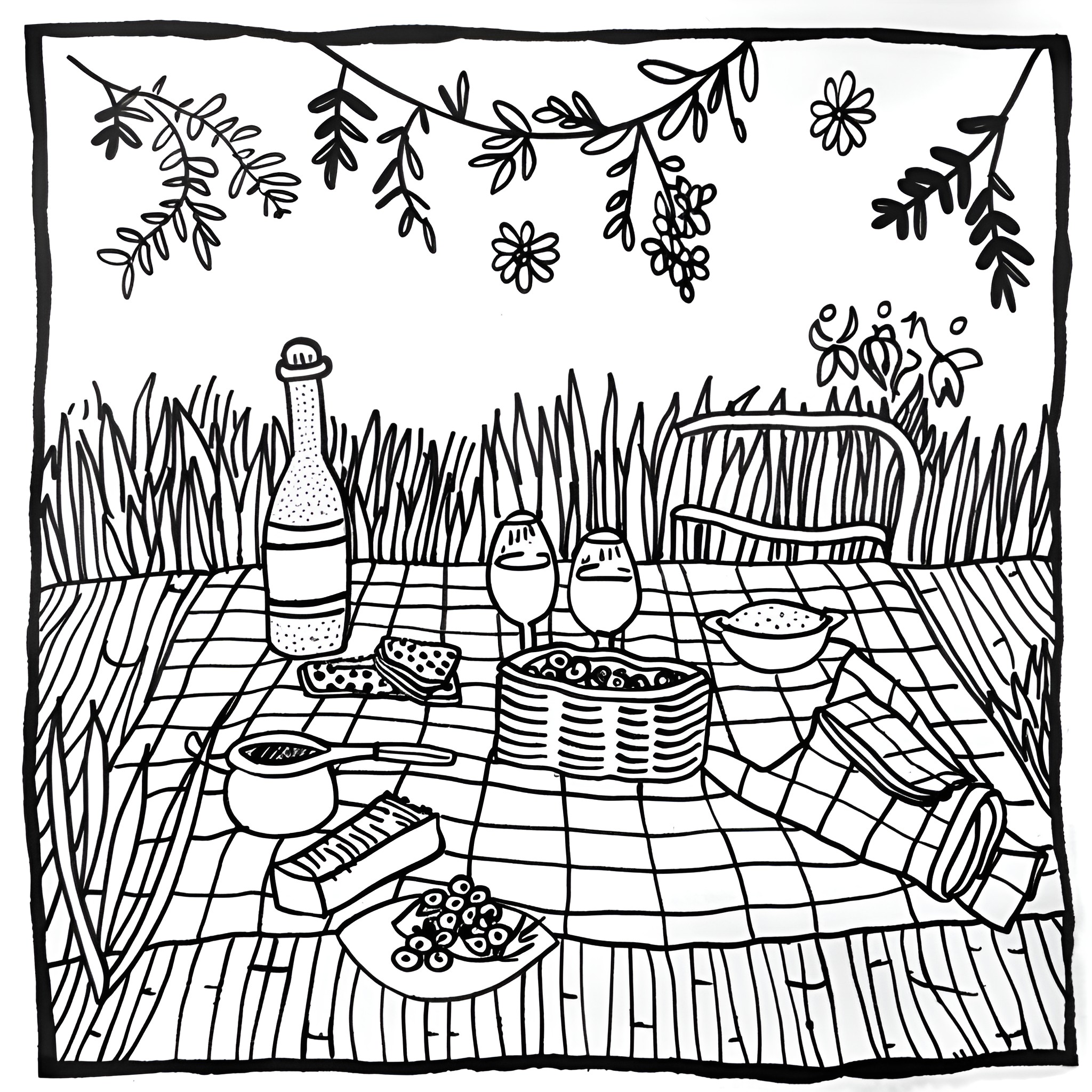 Flowers in an autumn garden picnic Drawing Idea (free black-and-white line drawing printable PDF for all, from beginners to advanced learners, including children, teens, adults, and seniors)