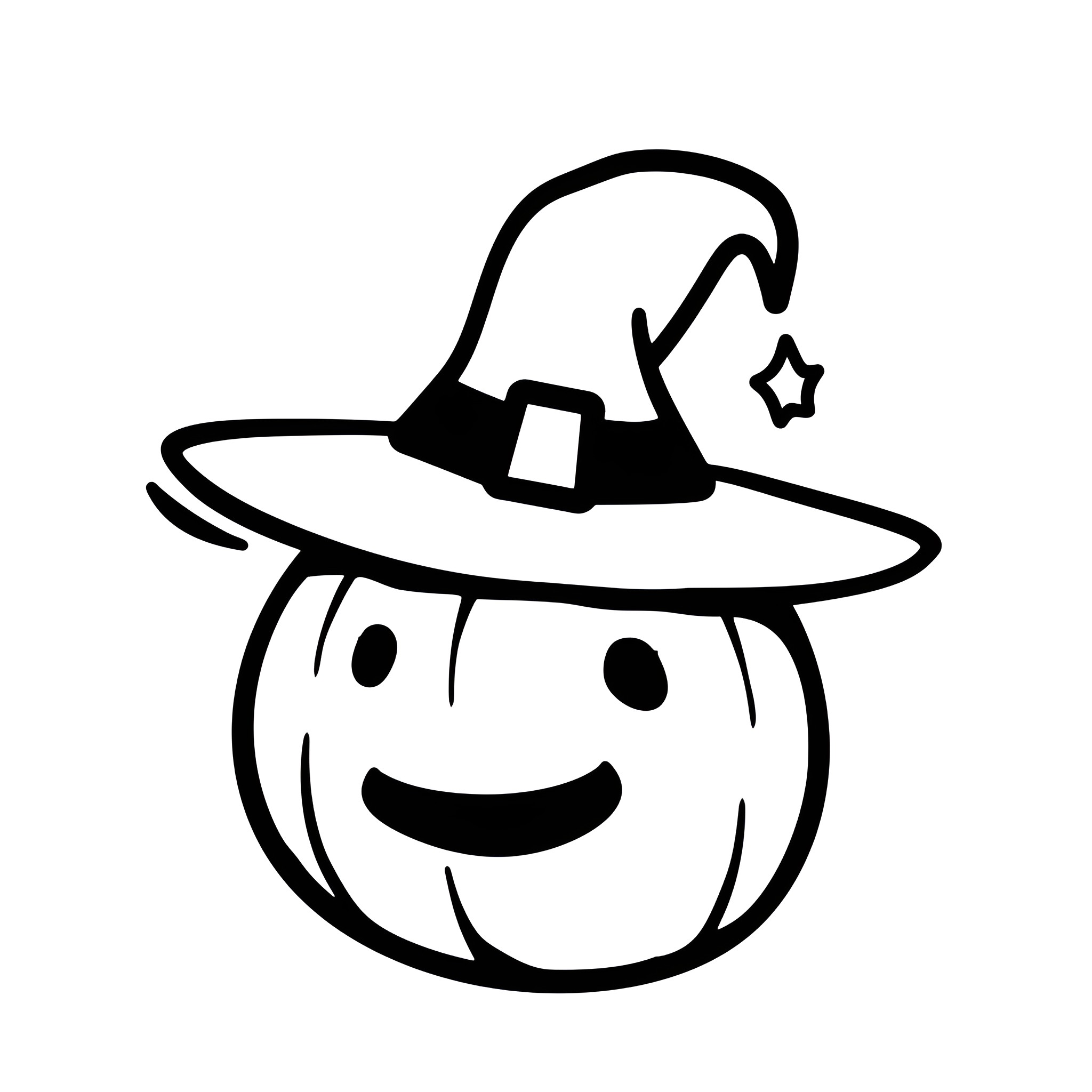 Pumpkin in witch hat smiling Drawing Idea (free black-and-white line drawing printable PDF for all, from beginners to advanced learners, including children, teens, adults, and seniors)