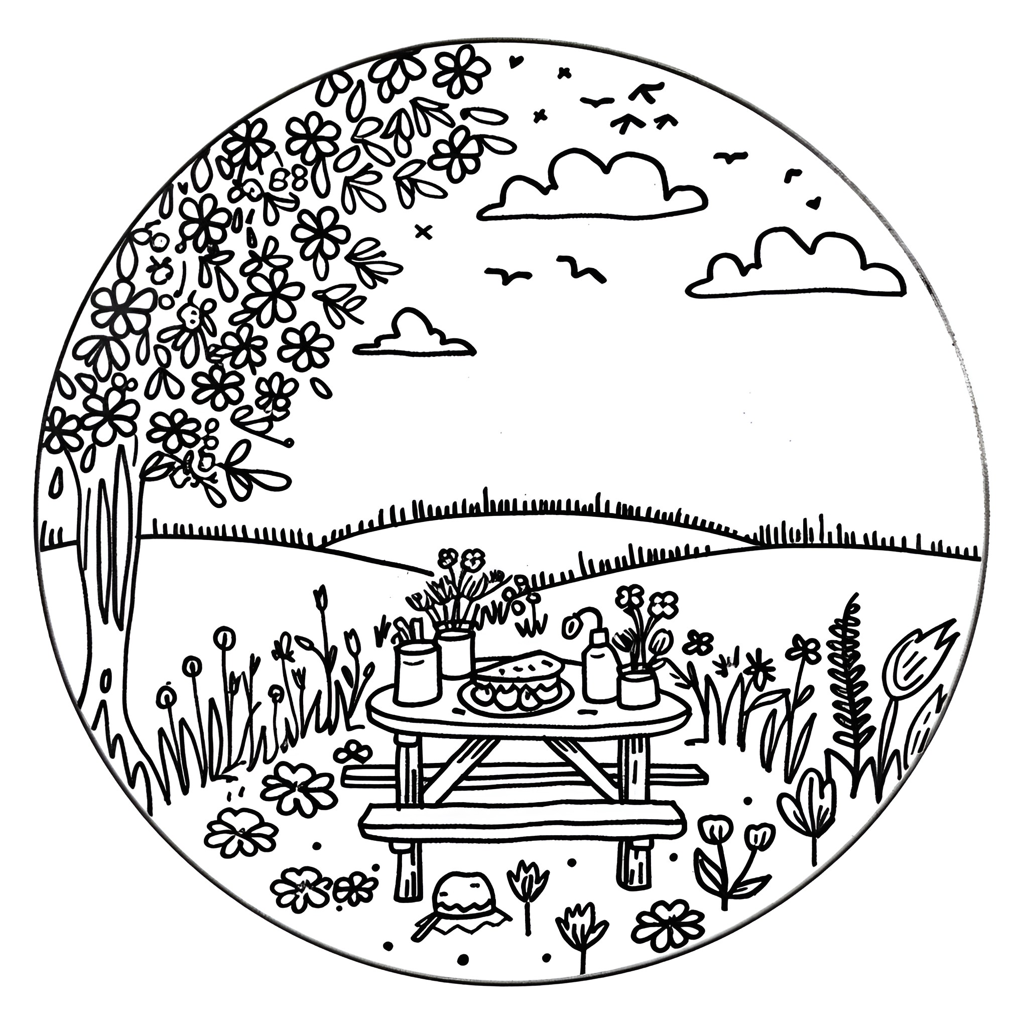 Flowers adorning a picnic scene Drawing Idea (free black-and-white line drawing printable PDF for all, from beginners to advanced learners, including children, teens, adults, and seniors)