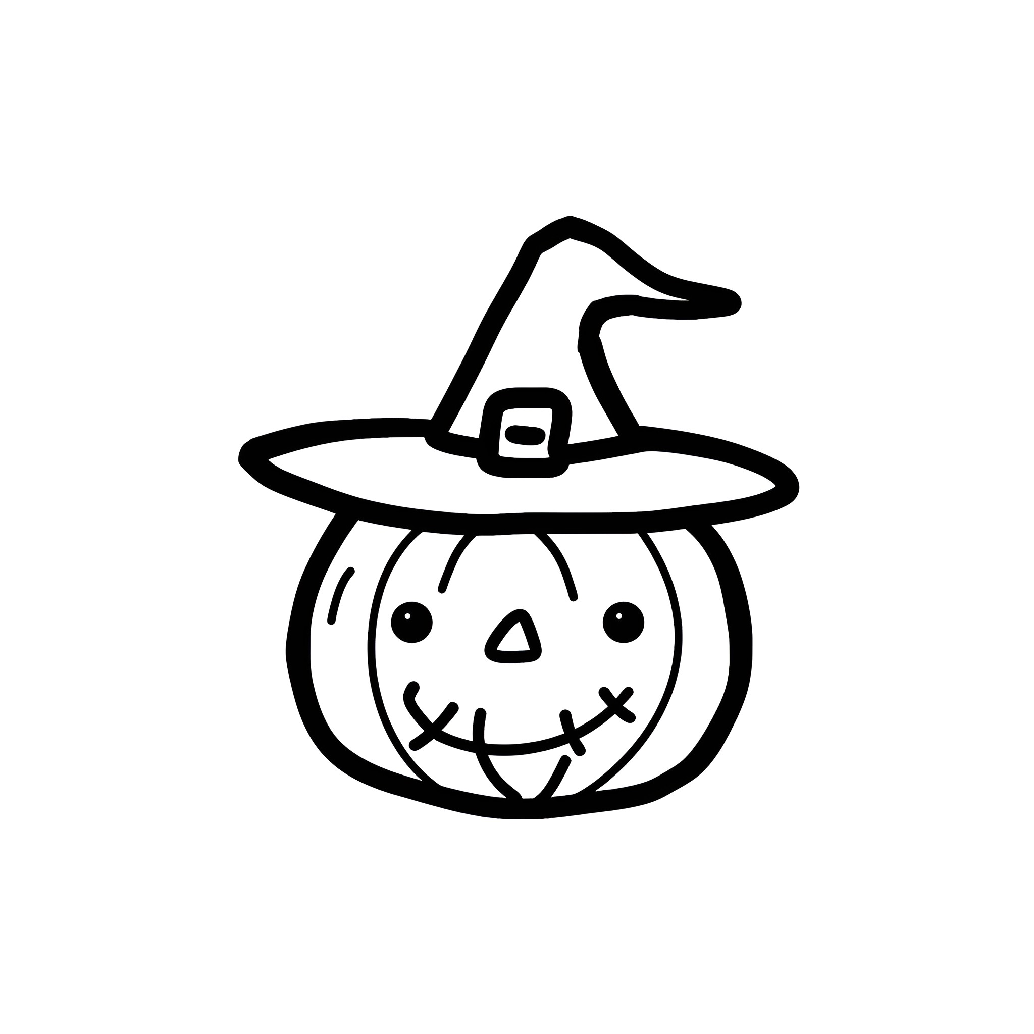 Pumpkin with witch hat and smiling face Drawing Idea (free black-and-white line drawing printable PDF for all, from beginners to advanced learners, including children, teens, adults, and seniors)