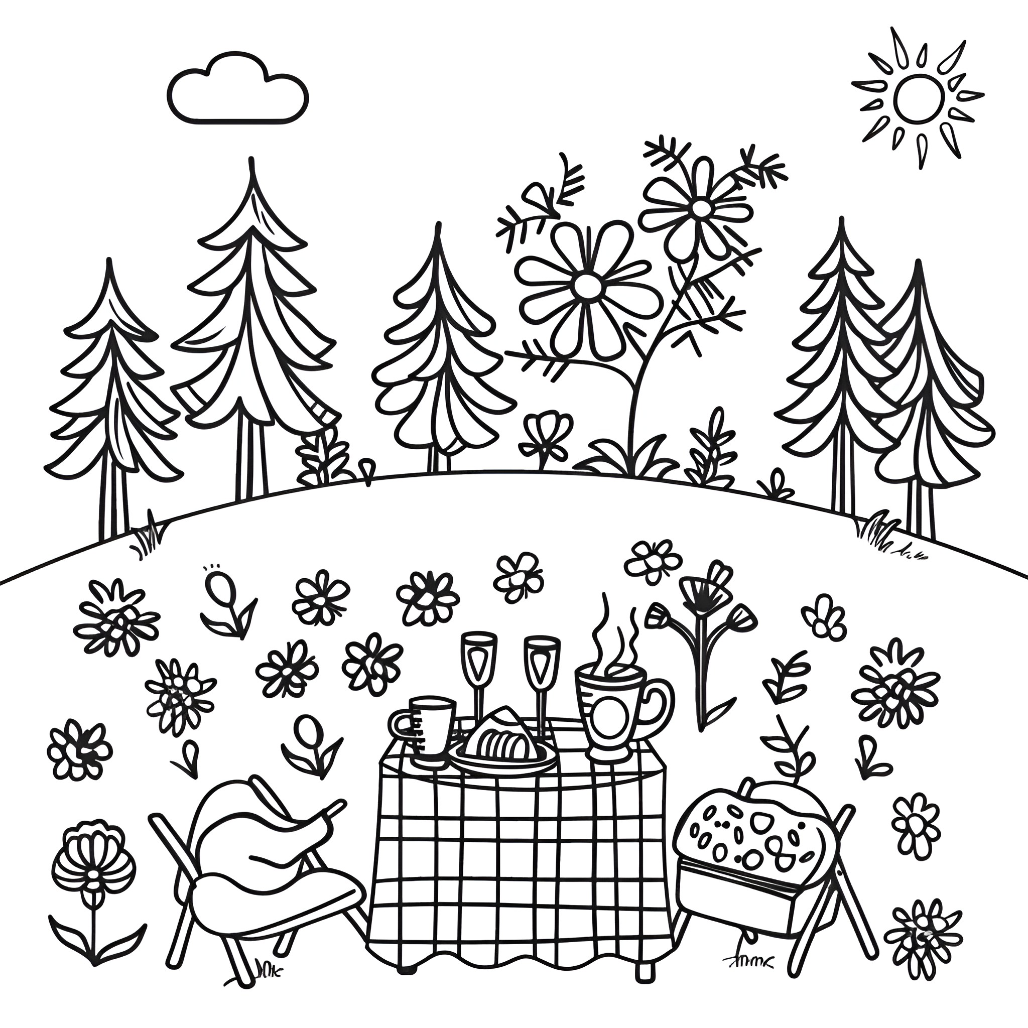 Flowers picnicking in a nature scene Drawing Idea (free black-and-white line drawing printable PDF for all, from beginners to advanced learners, including children, teens, adults, and seniors)
