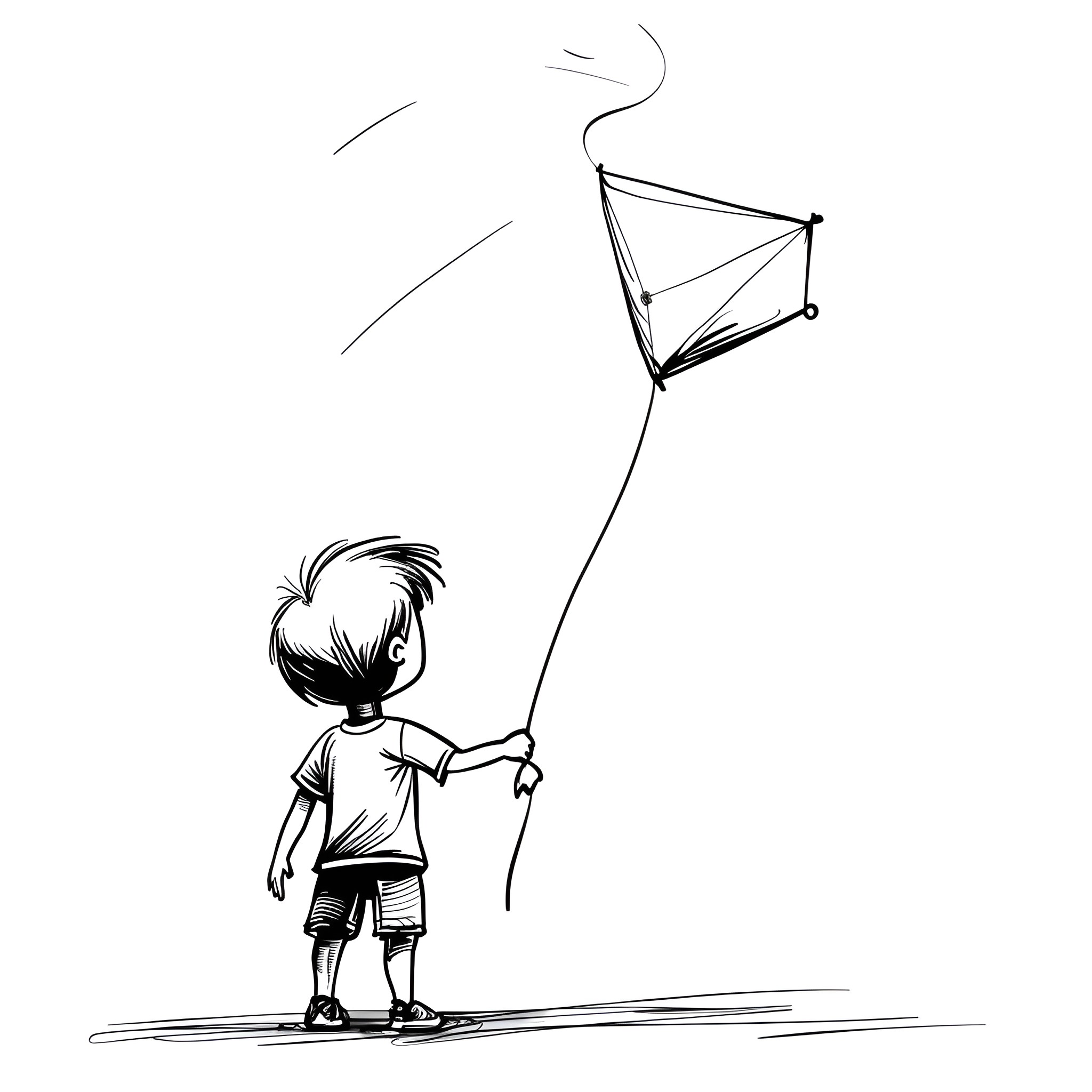 Cartoon boy flying a kite Drawing Idea (free black-and-white line drawing printable PDF for all, from beginners to advanced learners, including children, teens, adults, and seniors)