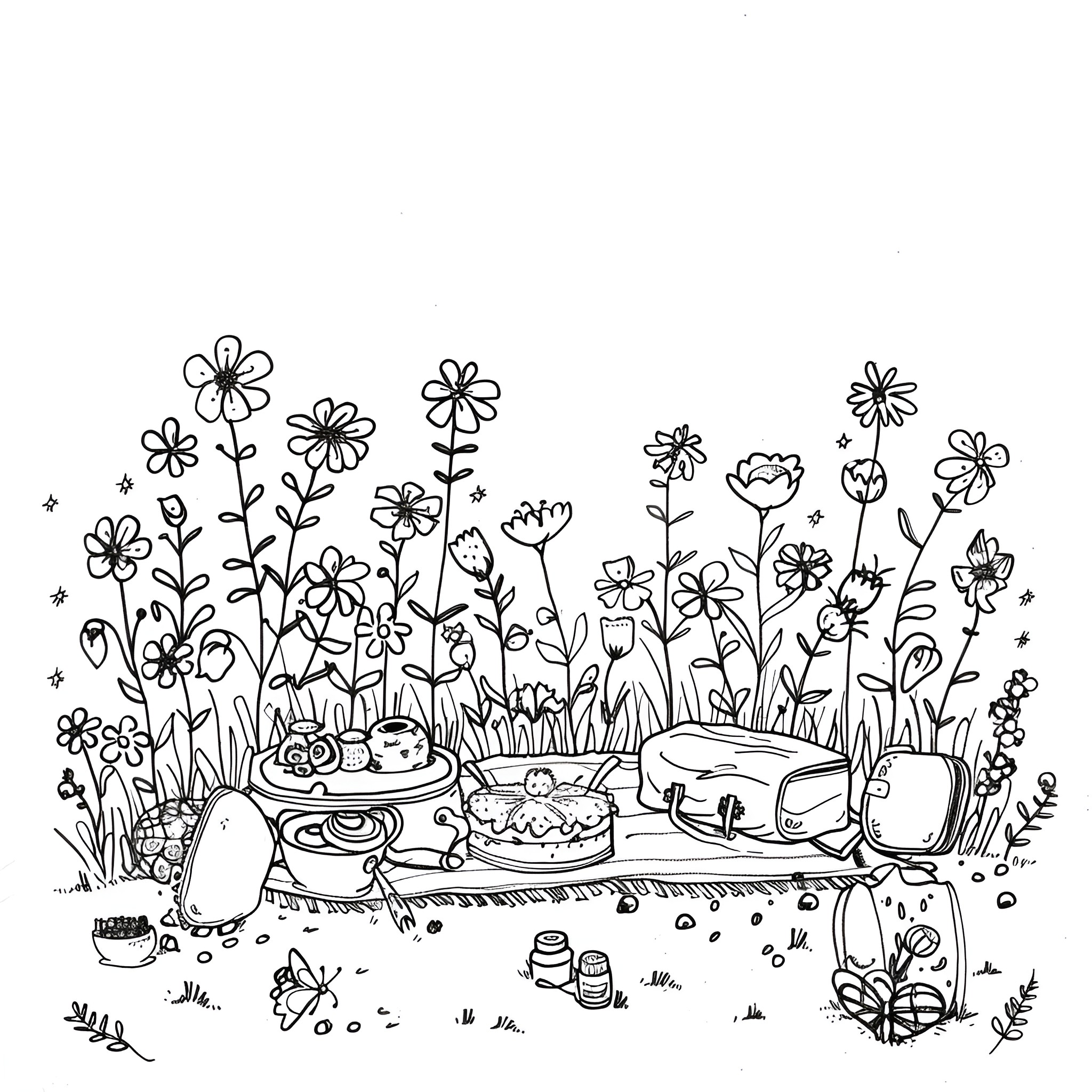 Flowers in a spring meadow scene Drawing Idea (free black-and-white line drawing printable PDF for all, from beginners to advanced learners, including children, teens, adults, and seniors)