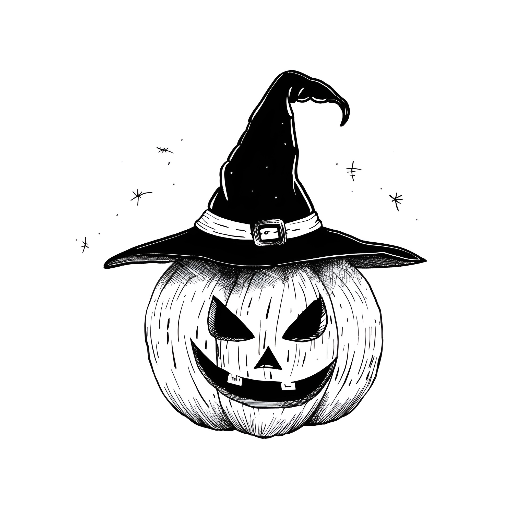 Pumpkin in Witch's Hat with Spooky Expression Drawing Idea (free black-and-white line drawing printable PDF for all, from beginners to advanced learners, including children, teens, adults, and seniors)