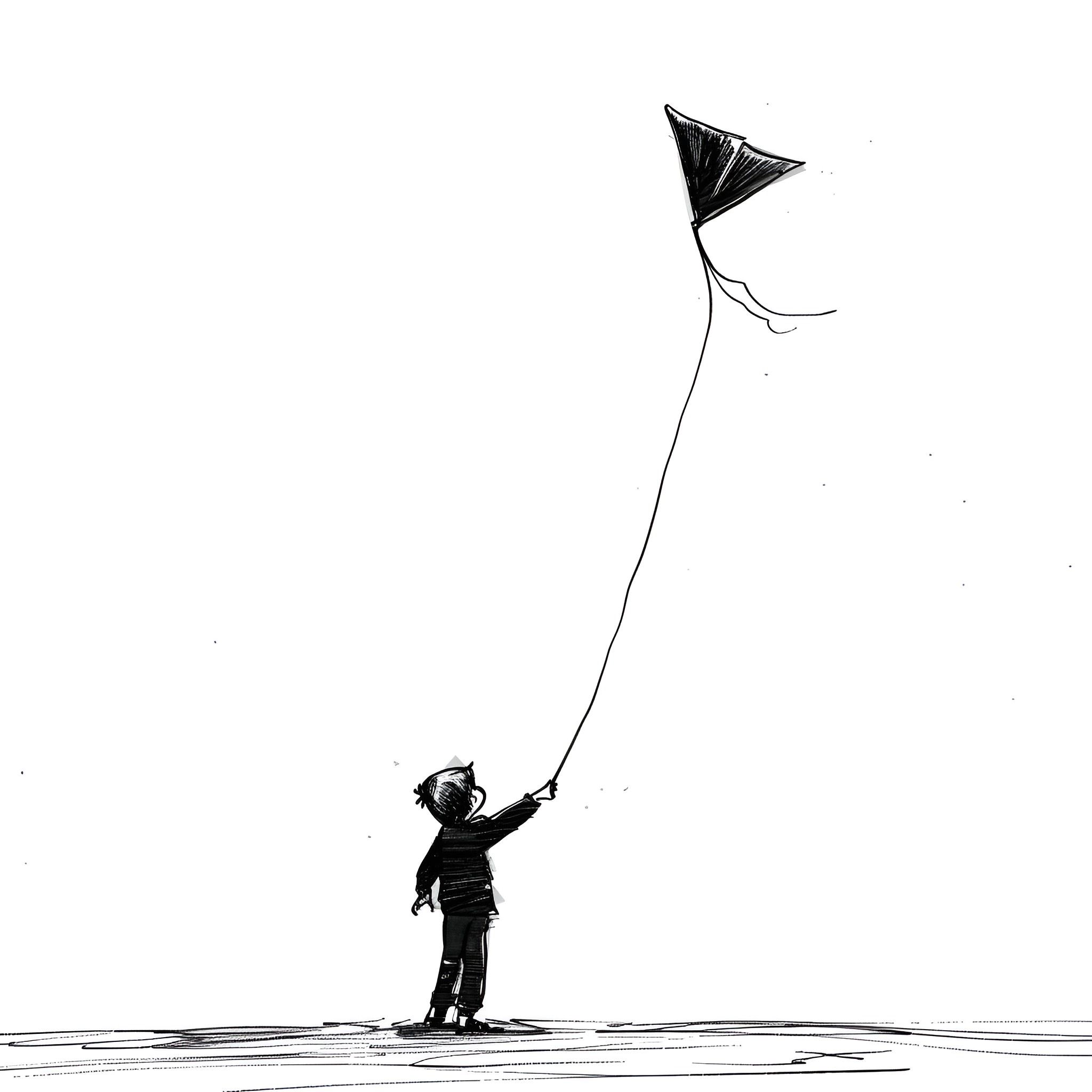 Cartoon child flying kite Drawing Idea (free black-and-white line drawing printable PDF for all, from beginners to advanced learners, including children, teens, adults, and seniors)