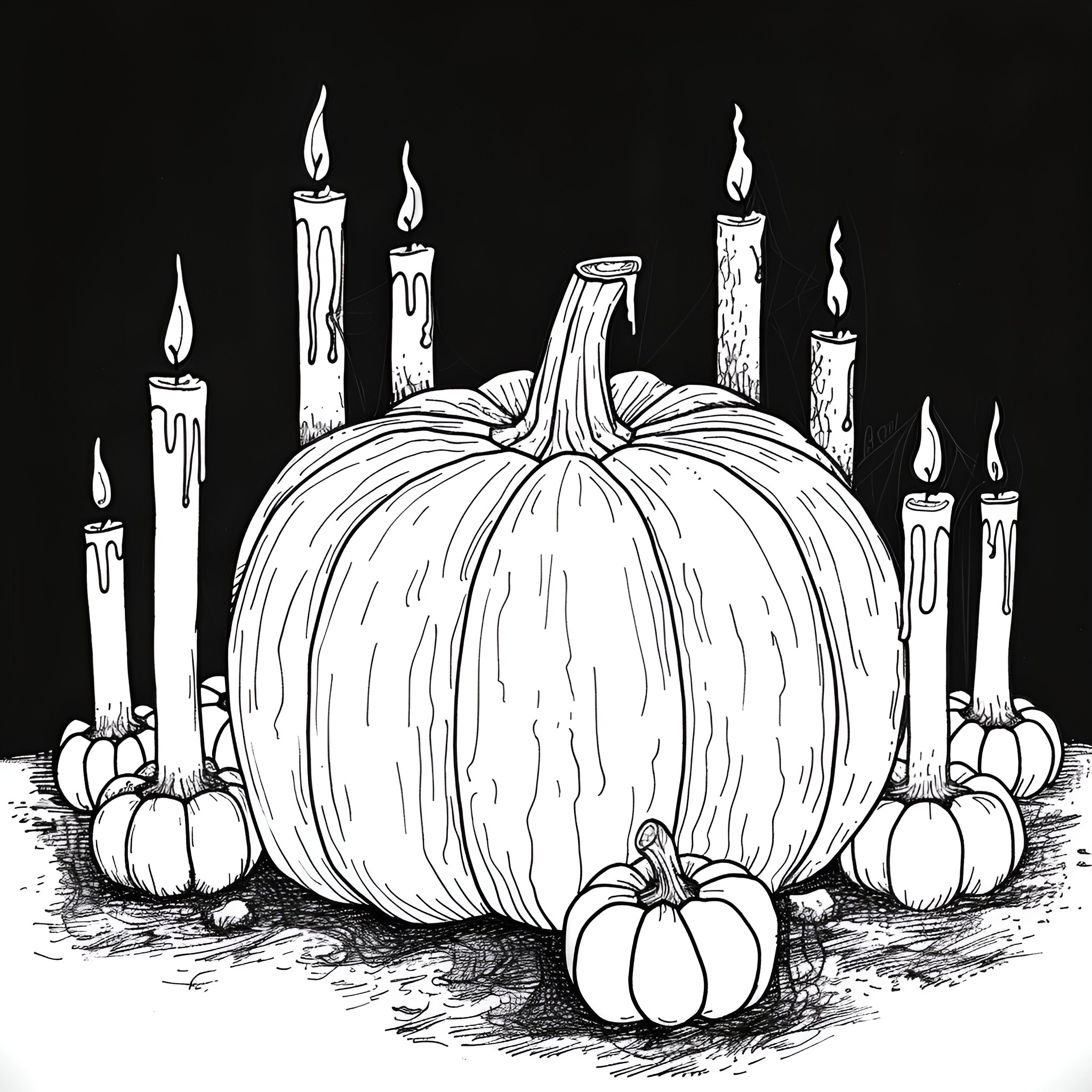 Pumpkin candle-lit autumn scene Drawing Idea (free black-and-white line drawing printable PDF for all, from beginners to advanced learners, including children, teens, adults, and seniors)