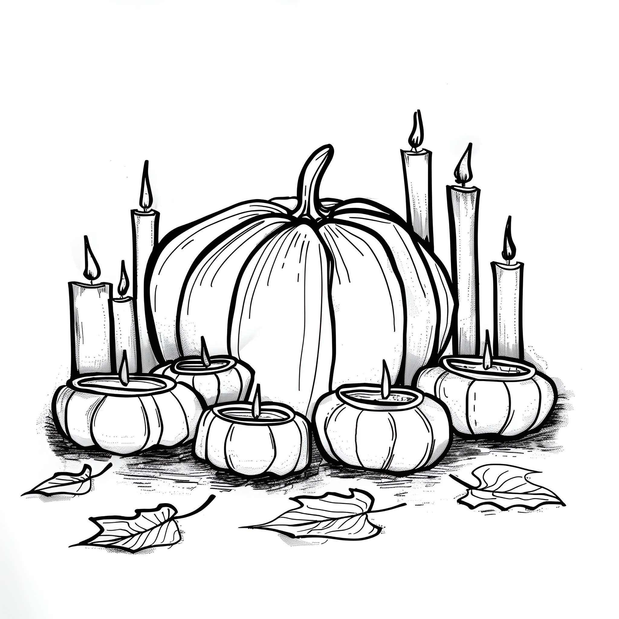 Pumpkin candles and autumn decor Drawing Idea (free black-and-white line drawing printable PDF for all, from beginners to advanced learners, including children, teens, adults, and seniors)