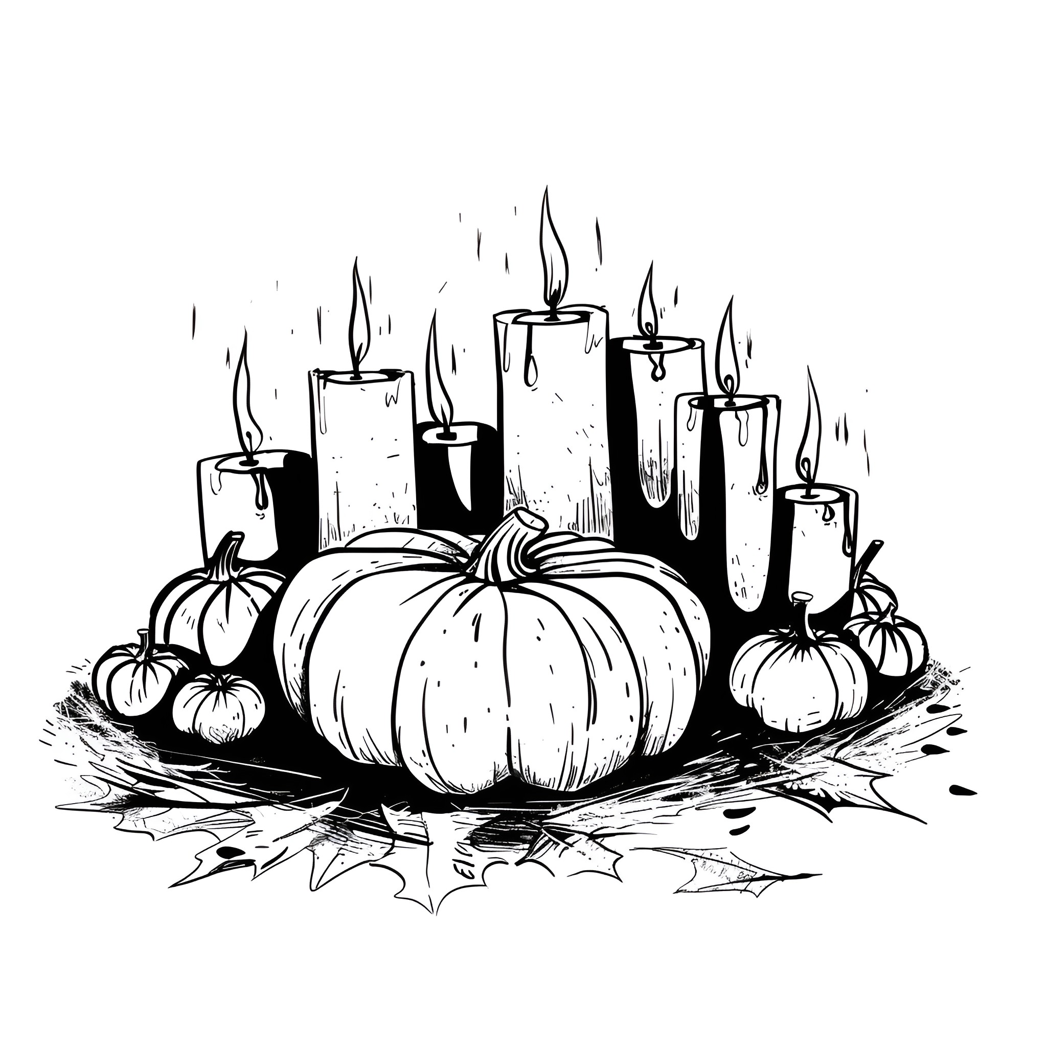 Pumpkins surrounded by flickering candles Drawing Idea (free black-and-white line drawing printable PDF for all, from beginners to advanced learners, including children, teens, adults, and seniors)