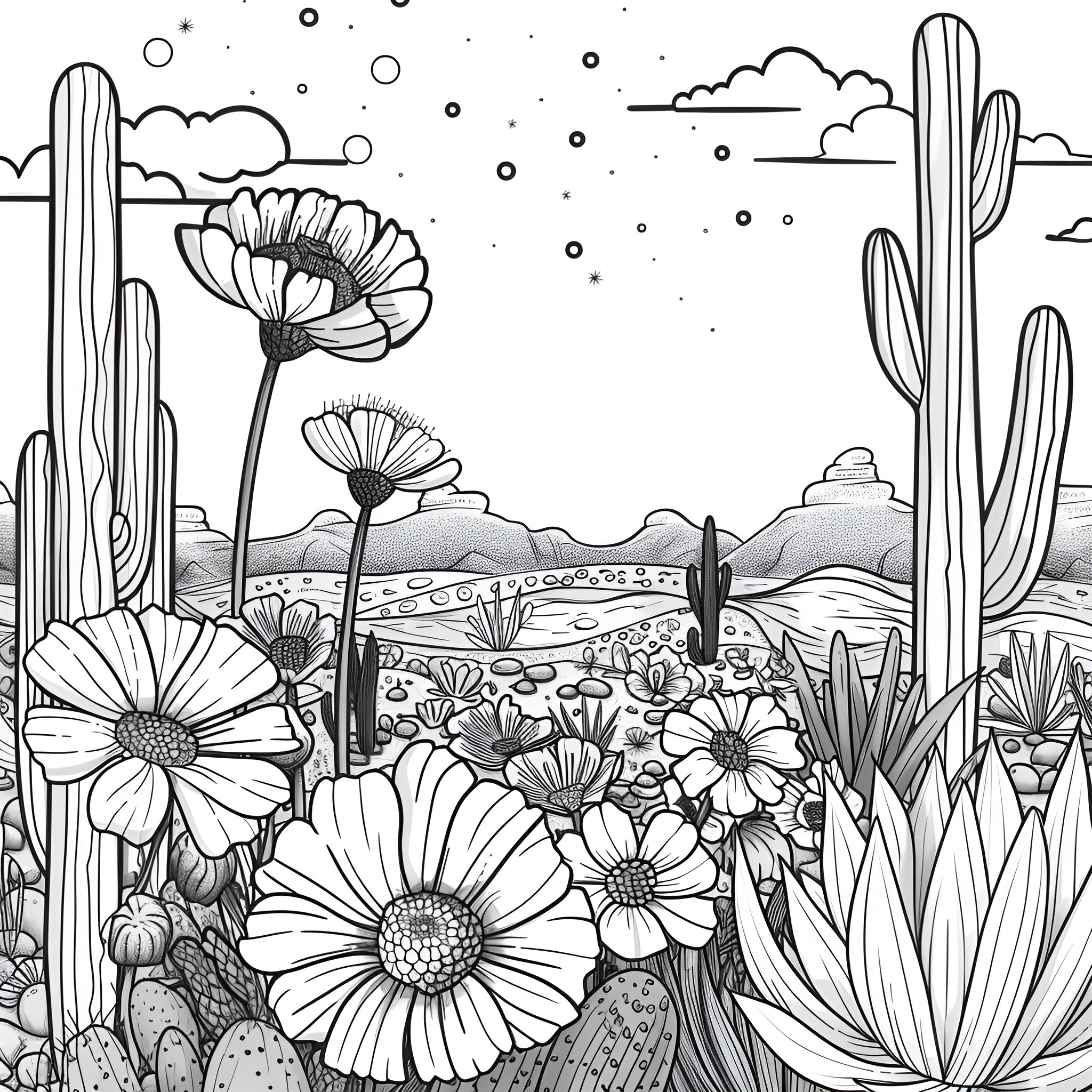Flowers blooming in desert landscape Drawing Idea (free black-and-white line drawing printable PDF for all, from beginners to advanced learners, including children, teens, adults, and seniors)