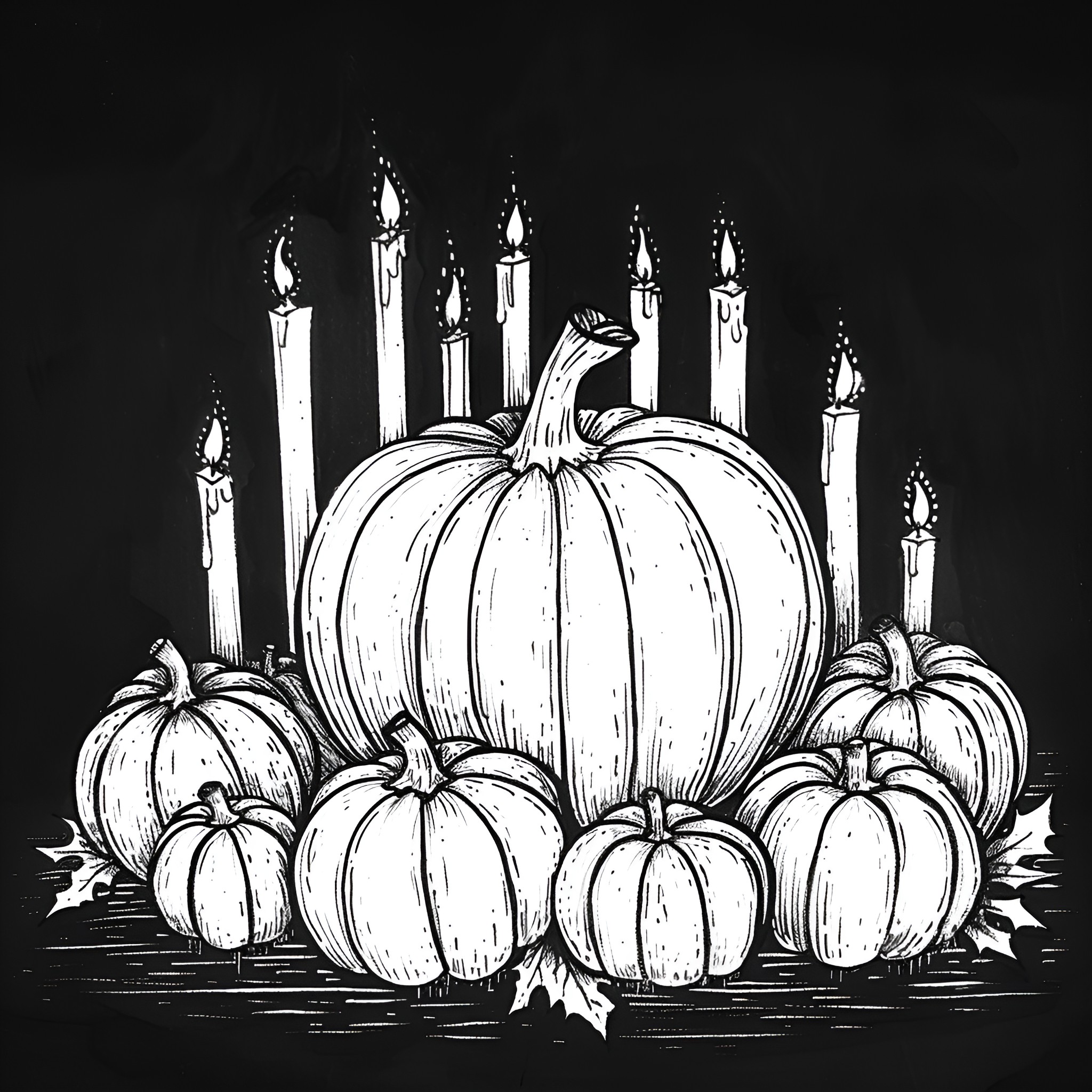 Pumpkins surrounded by lit candles Drawing Idea (free black-and-white line drawing printable PDF for all, from beginners to advanced learners, including children, teens, adults, and seniors)