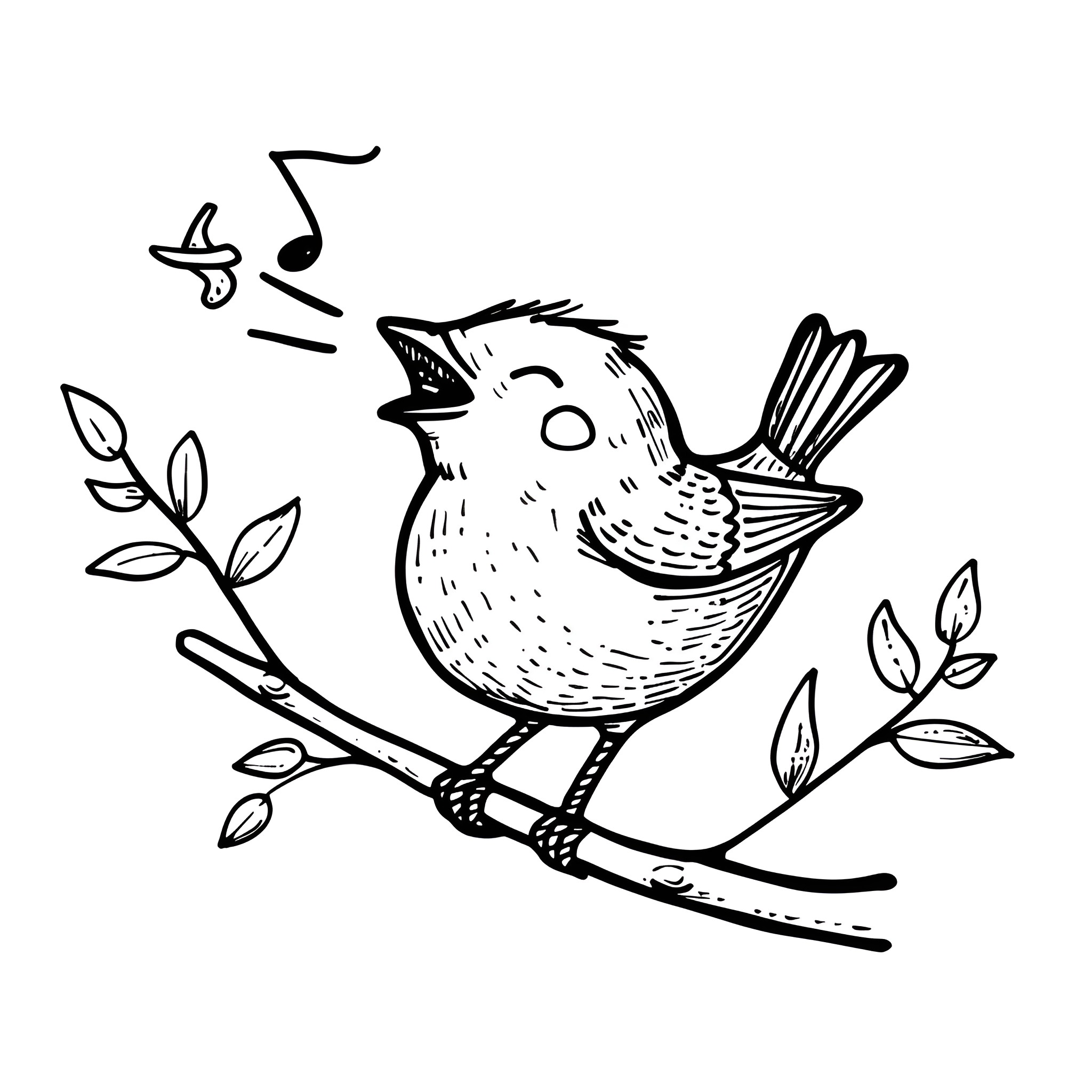 Cartoon bird singing on branch Drawing Idea (free black-and-white line drawing printable PDF for all, from beginners to advanced learners, including children, teens, adults, and seniors)