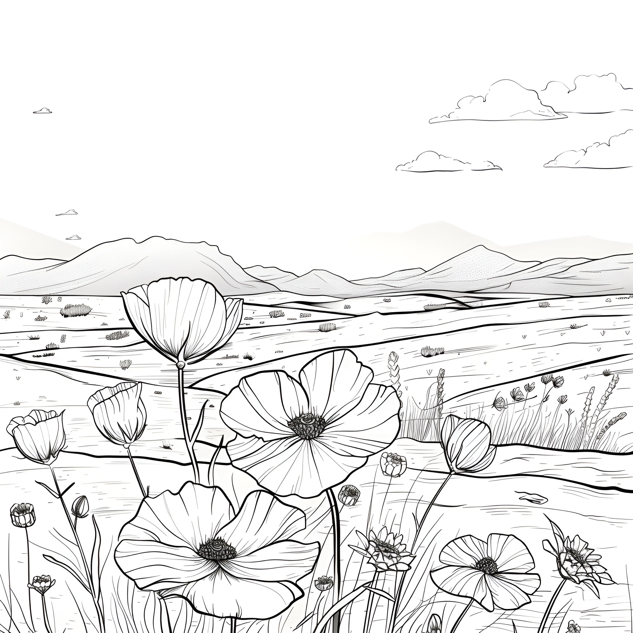 Flowers blooming in a vast landscape Drawing Idea (free black-and-white line drawing printable PDF for all, from beginners to advanced learners, including children, teens, adults, and seniors)