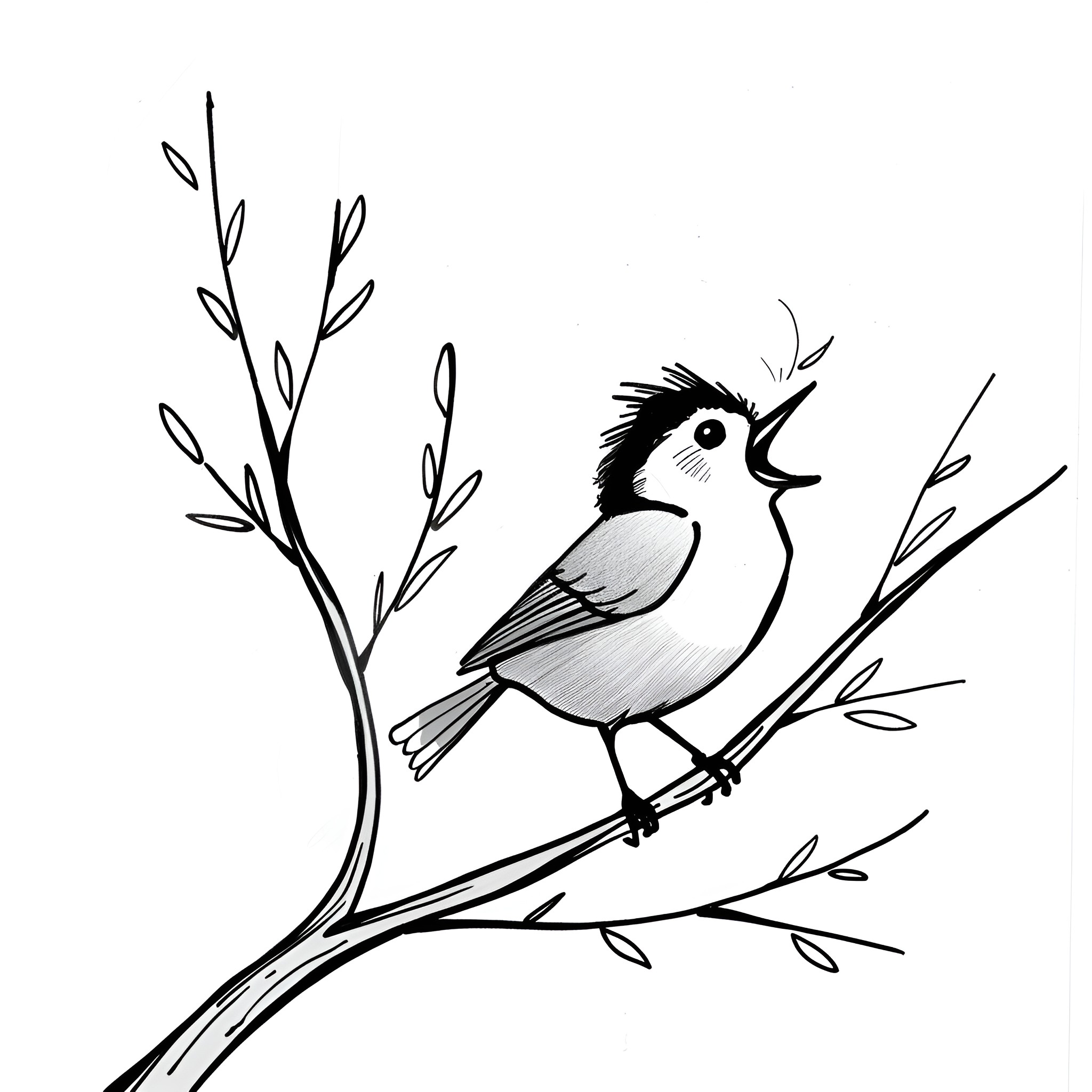 Cartoon bird perching on branch Drawing Idea (free black-and-white line drawing printable PDF for all, from beginners to advanced learners, including children, teens, adults, and seniors)