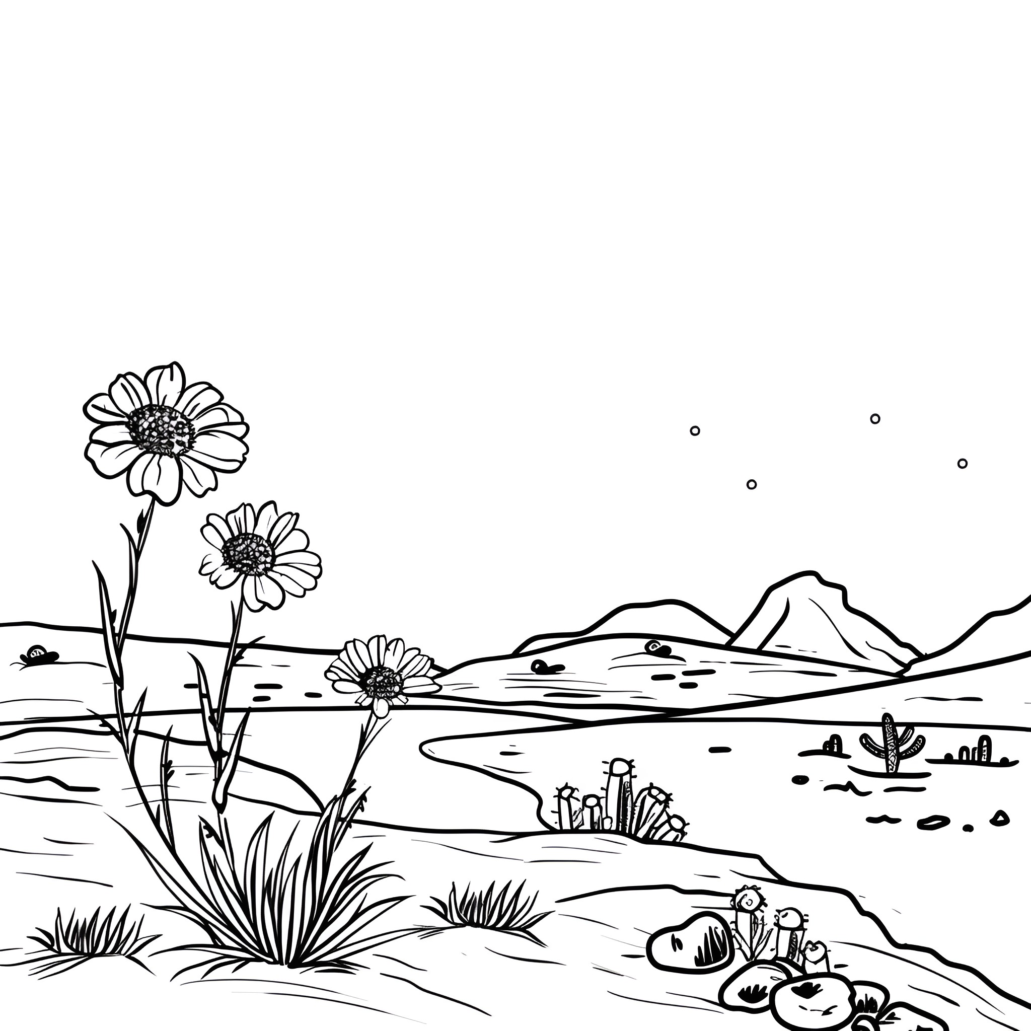 Flowers blooming in serene landscape Drawing Idea (free black-and-white line drawing printable PDF for all, from beginners to advanced learners, including children, teens, adults, and seniors)