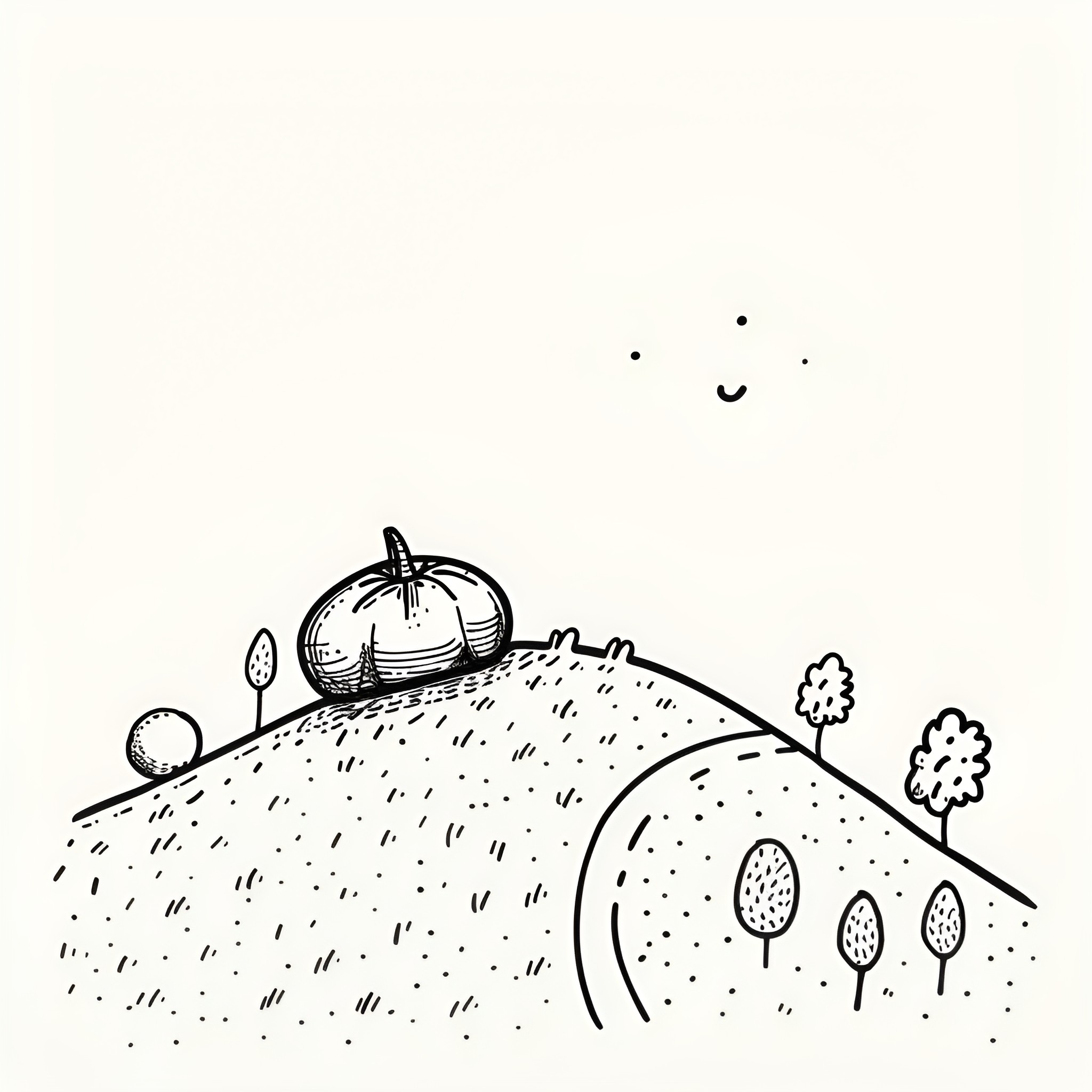 Pumpkin in serene landscape Drawing Idea (free black-and-white line drawing printable PDF for all, from beginners to advanced learners, including children, teens, adults, and seniors)