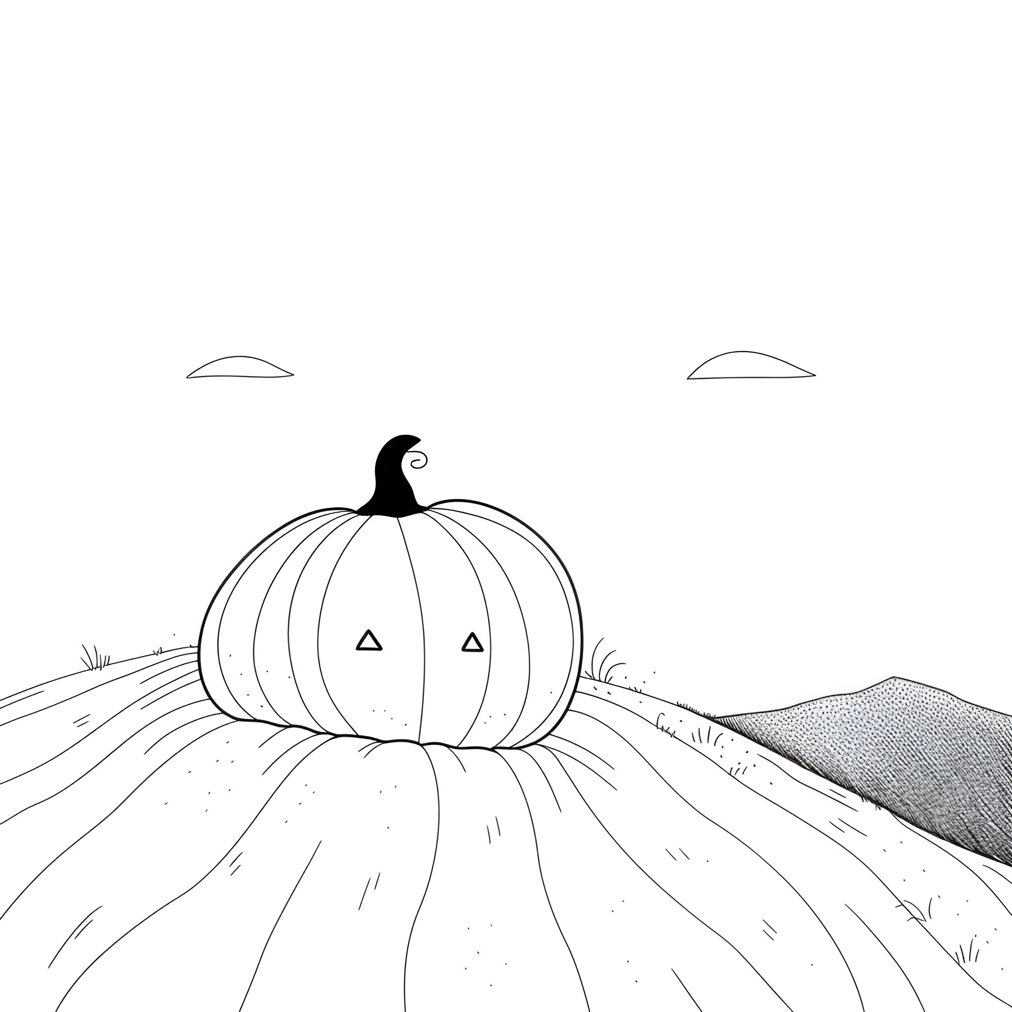 Pumpkin on a Serene Landscape Drawing Idea (free black-and-white line drawing printable PDF for all, from beginners to advanced learners, including children, teens, adults, and seniors)