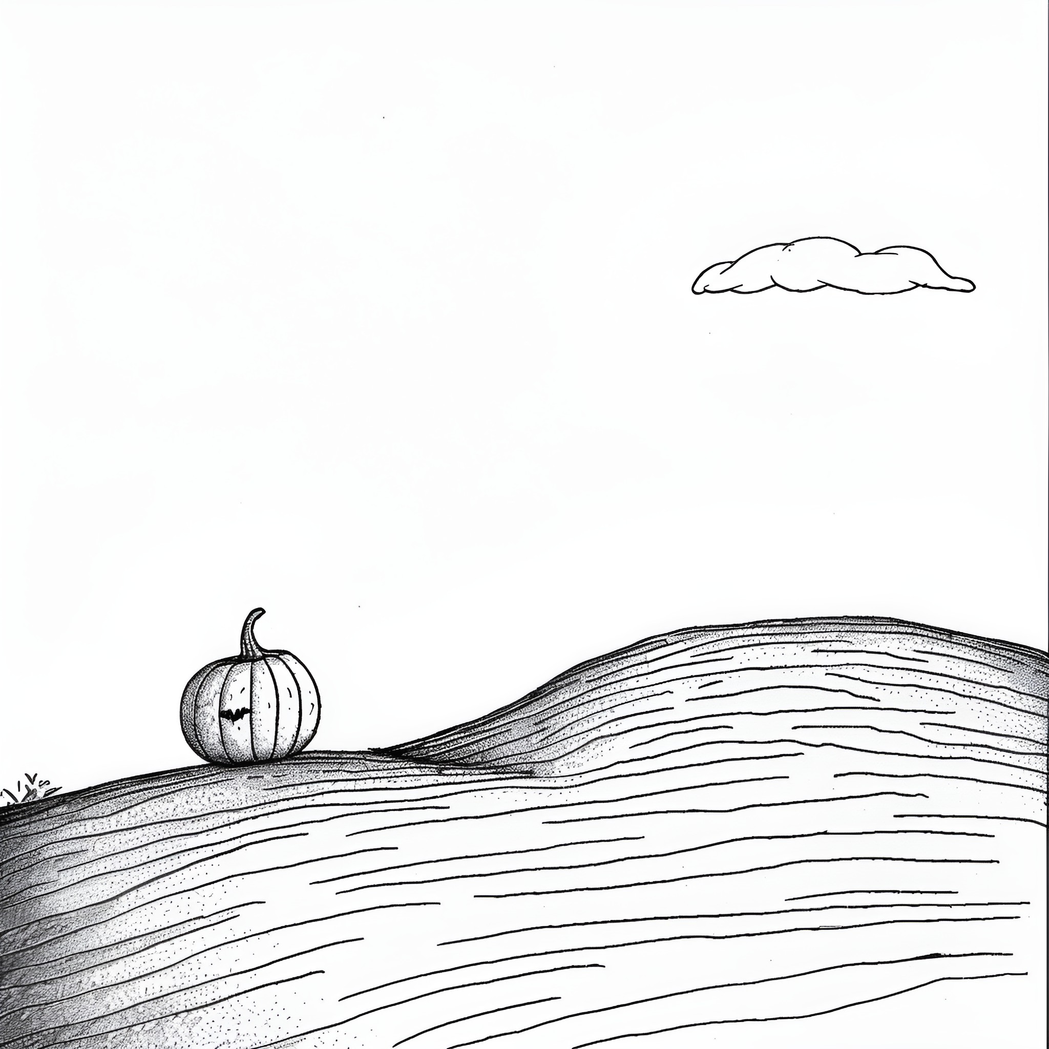 Pumpkin on rural landscape Drawing Idea (free black-and-white line drawing printable PDF for all, from beginners to advanced learners, including children, teens, adults, and seniors)