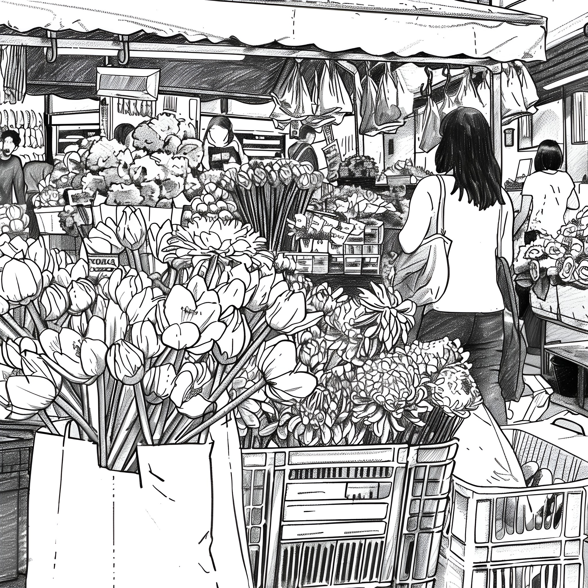 Flowers at a Bustling Market Drawing Idea (free black-and-white line drawing printable PDF for all, from beginners to advanced learners, including children, teens, adults, and seniors)