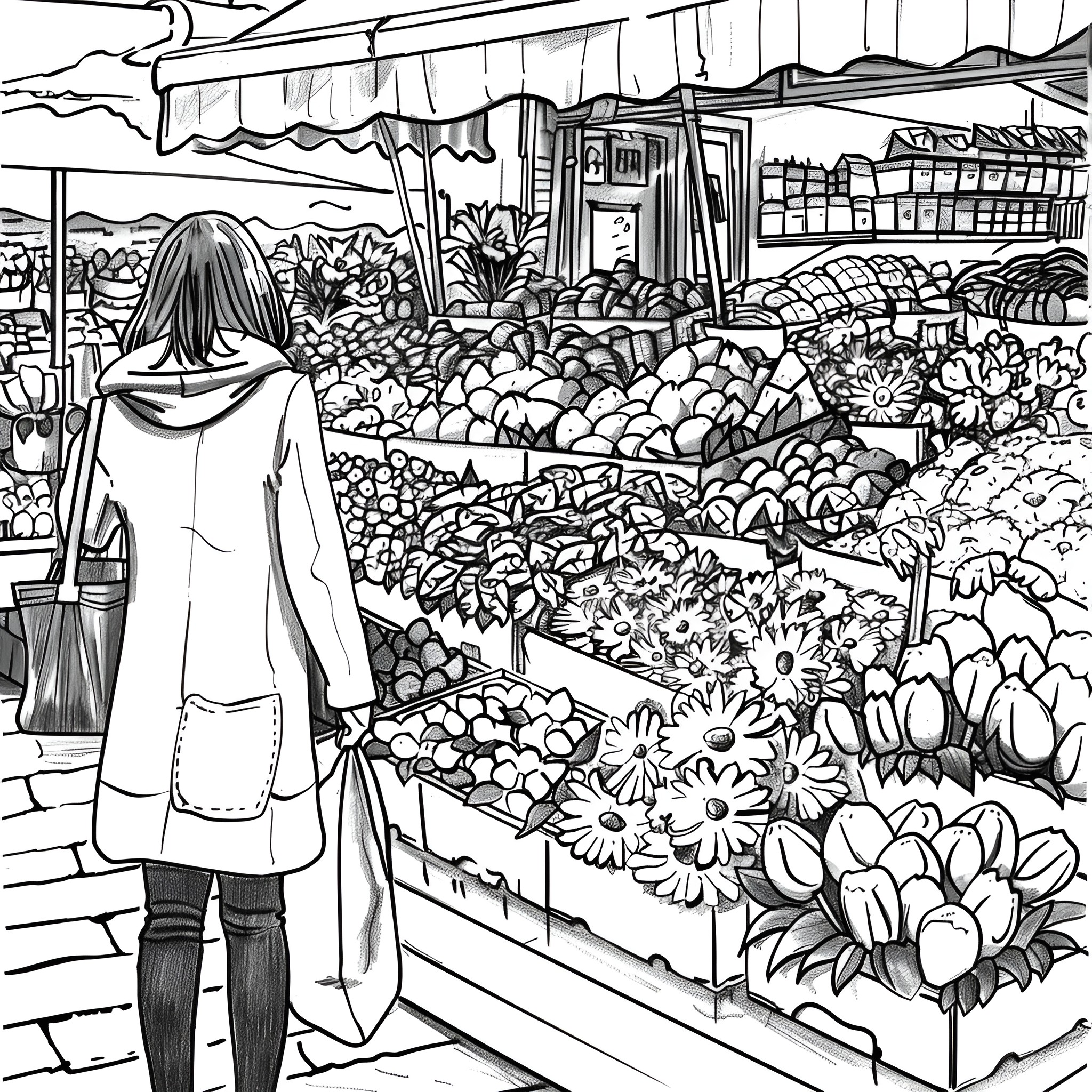 Flowers in a blooming garden market Drawing Idea (free black-and-white line drawing printable PDF for all, from beginners to advanced learners, including children, teens, adults, and seniors)