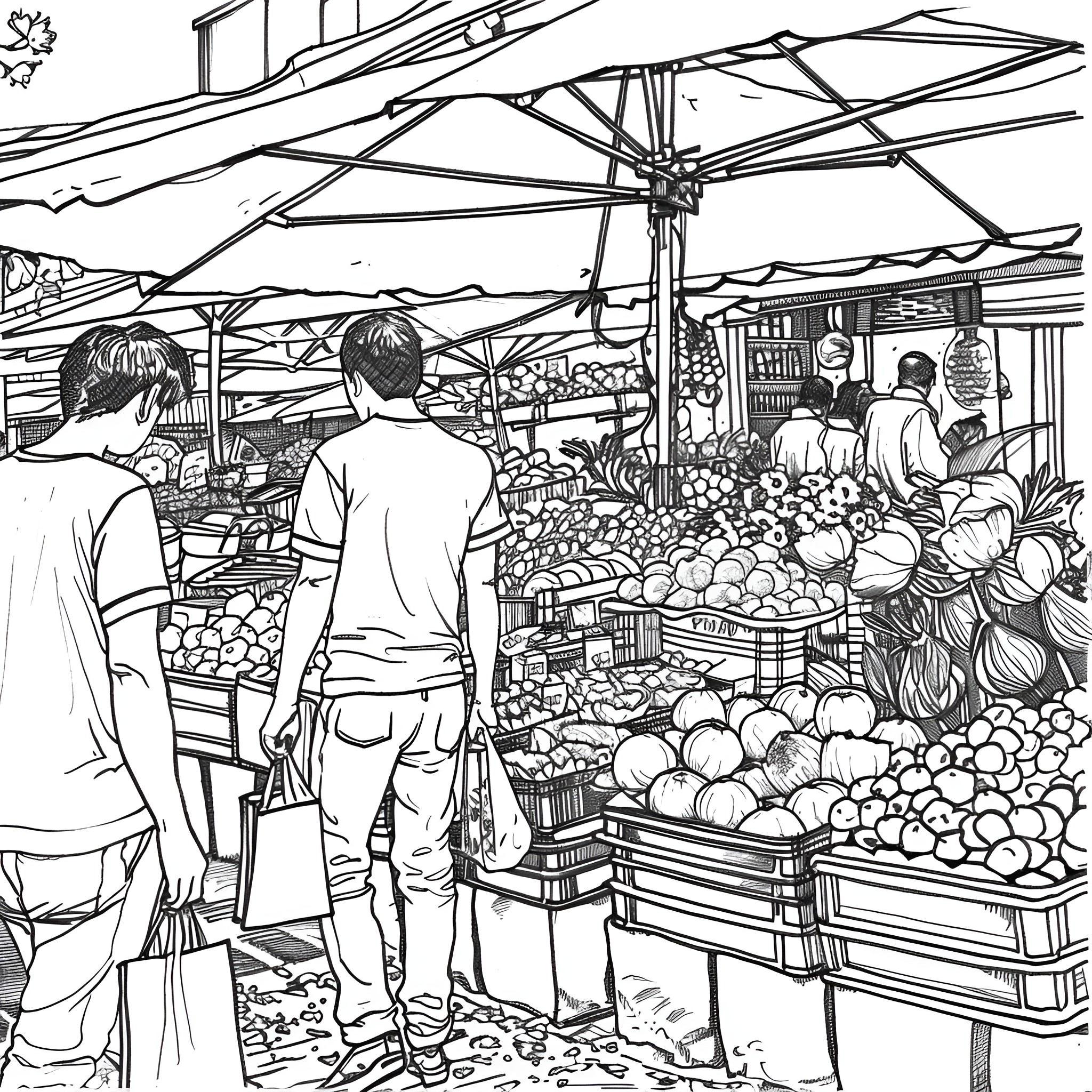 Flowers blooming at the bustling outdoor market Drawing Idea (free black-and-white line drawing printable PDF for all, from beginners to advanced learners, including children, teens, adults, and seniors)