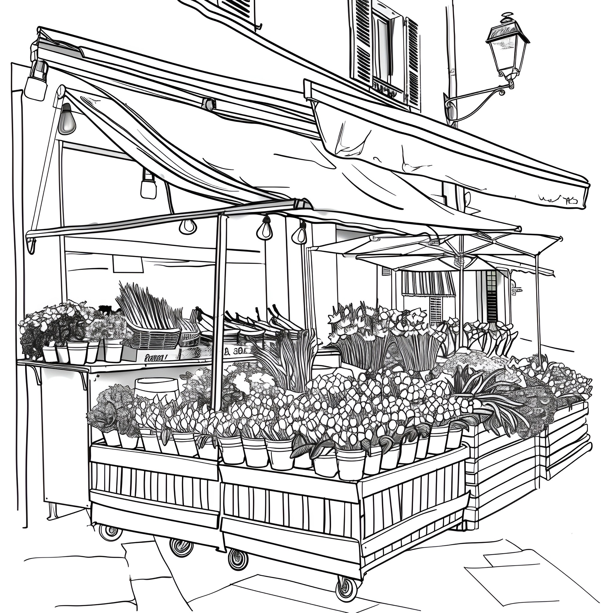 Flowers decorating lively outdoor market stalls Drawing Idea (free black-and-white line drawing printable PDF for all, from beginners to advanced learners, including children, teens, adults, and seniors)