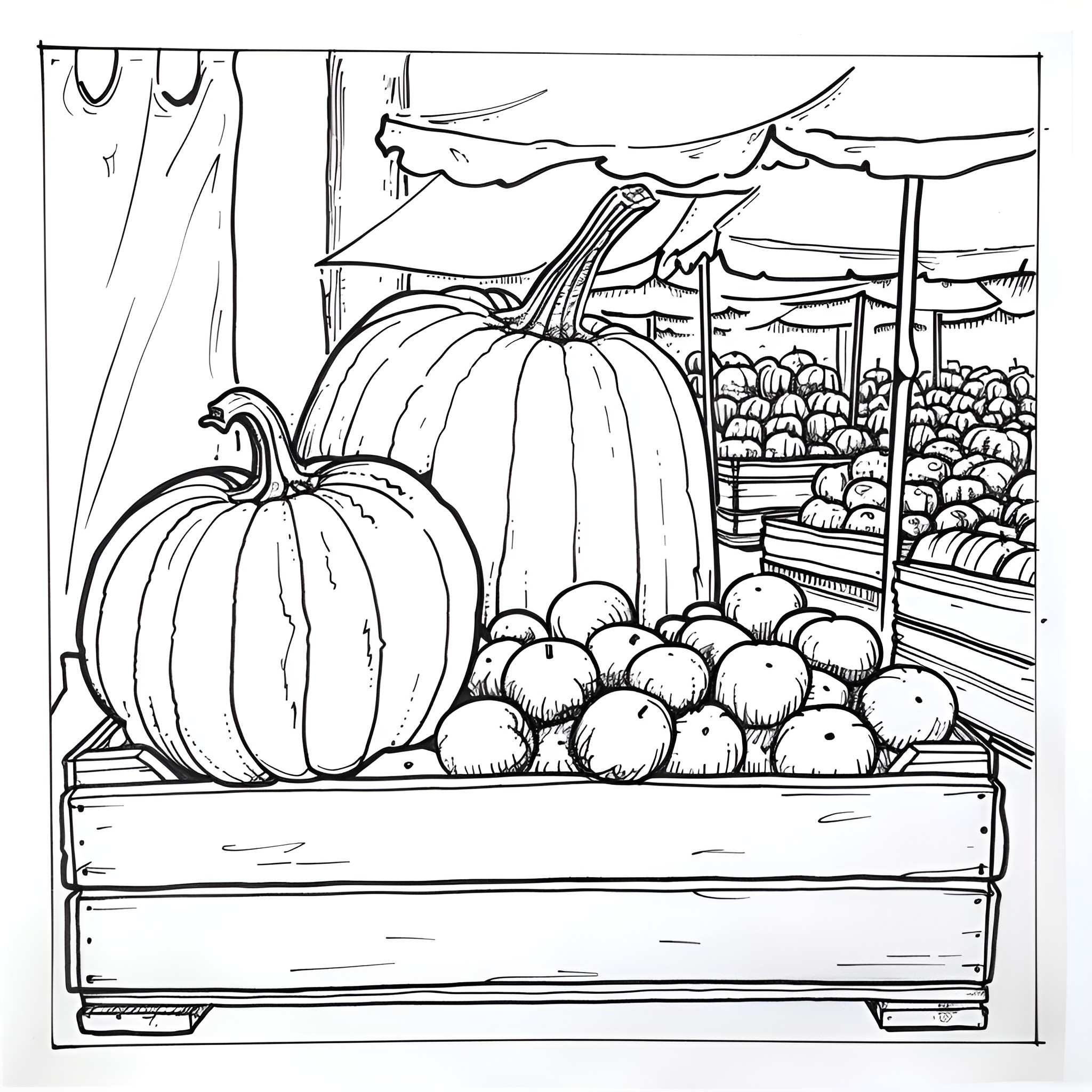 Pumpkin display at a farmer's market stall Drawing Idea (free black-and-white line drawing printable PDF for all, from beginners to advanced learners, including children, teens, adults, and seniors)