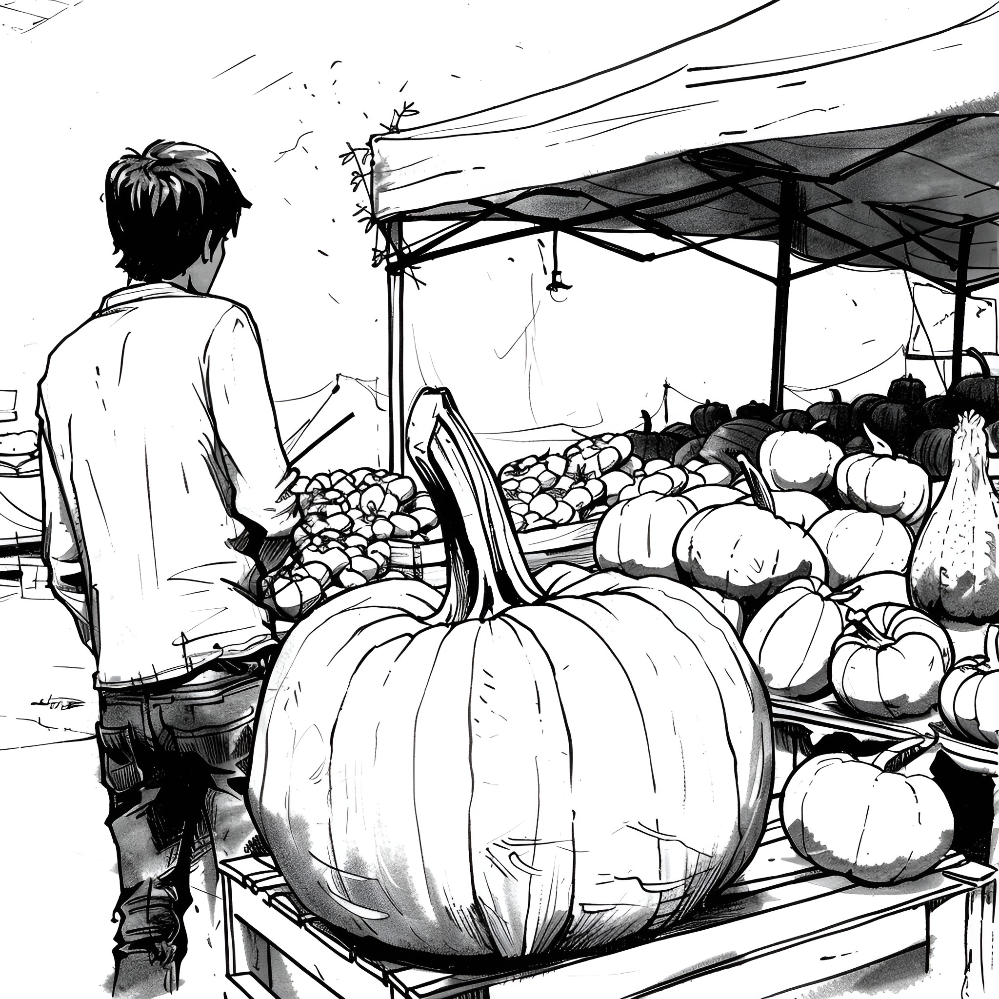 Pumpkin and Produce at Autumn Farmer's Market Drawing Idea (free black-and-white line drawing printable PDF for all, from beginners to advanced learners, including children, teens, adults, and seniors)