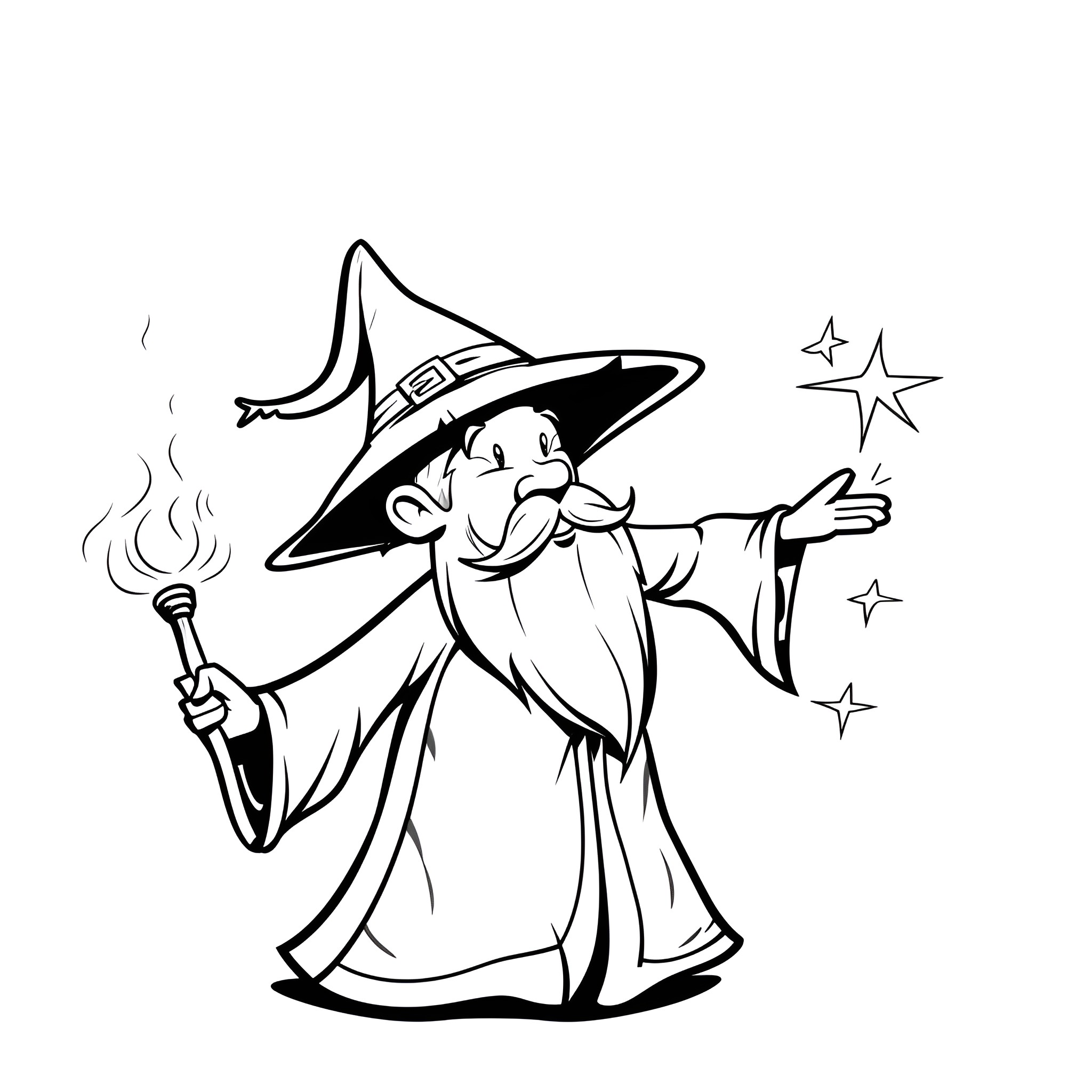 Cartoon wizard casting magical spell Drawing Idea (free black-and-white line drawing printable PDF for all, from beginners to advanced learners, including children, teens, adults, and seniors)