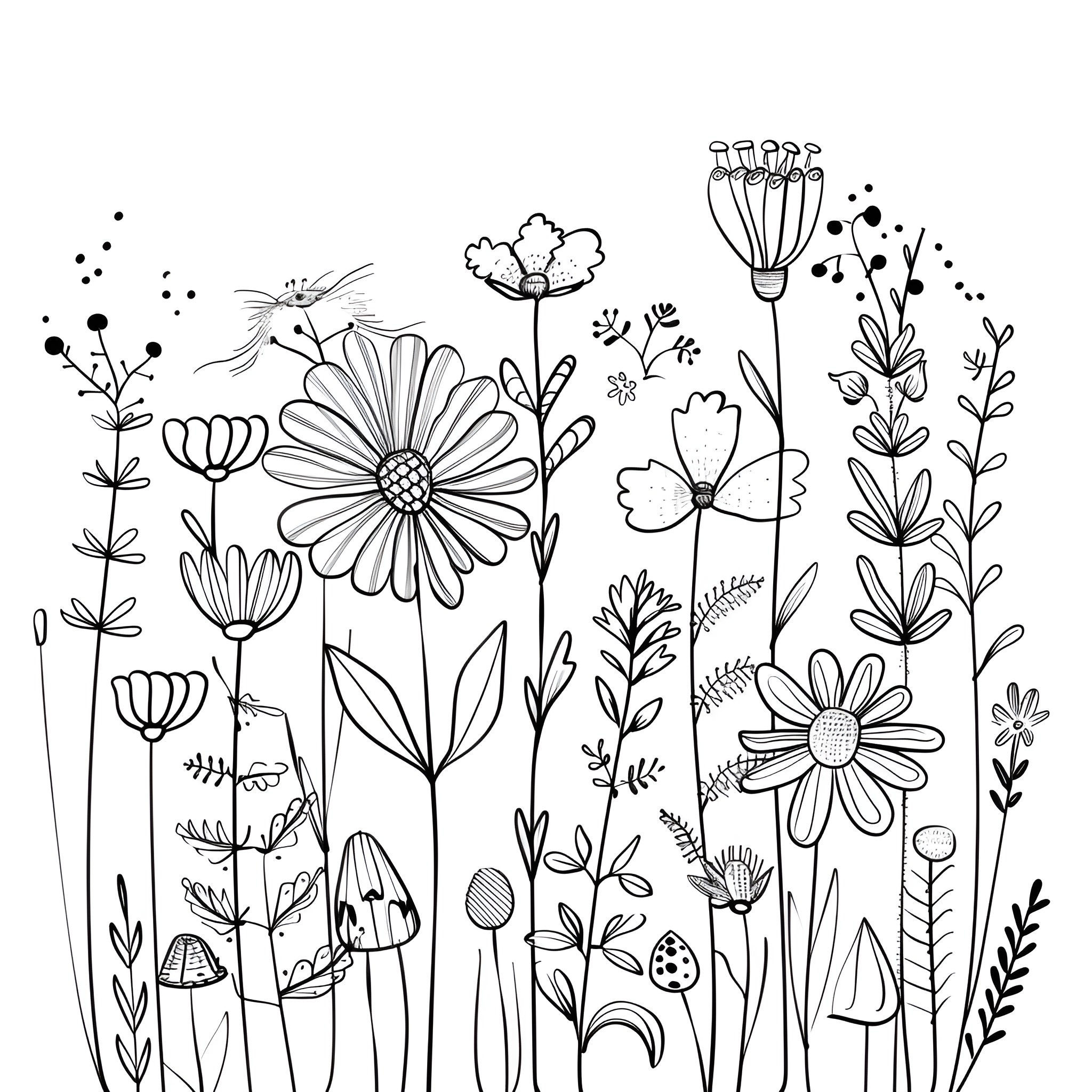 Flowers blooming in whimsical garden Drawing Idea (free black-and-white line drawing printable PDF for all, from beginners to advanced learners, including children, teens, adults, and seniors)