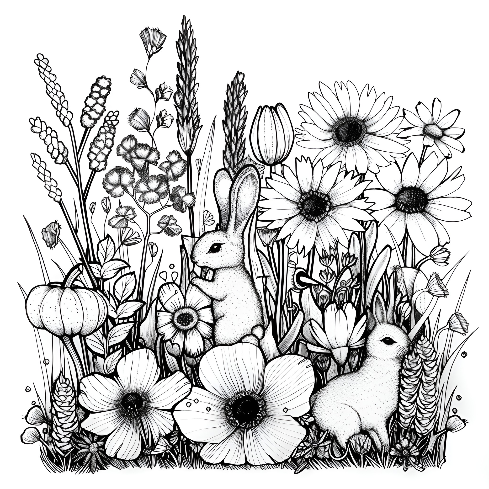 Flowers and Bunnies in Lush Garden Drawing Idea (free black-and-white line drawing printable PDF for all, from beginners to advanced learners, including children, teens, adults, and seniors)