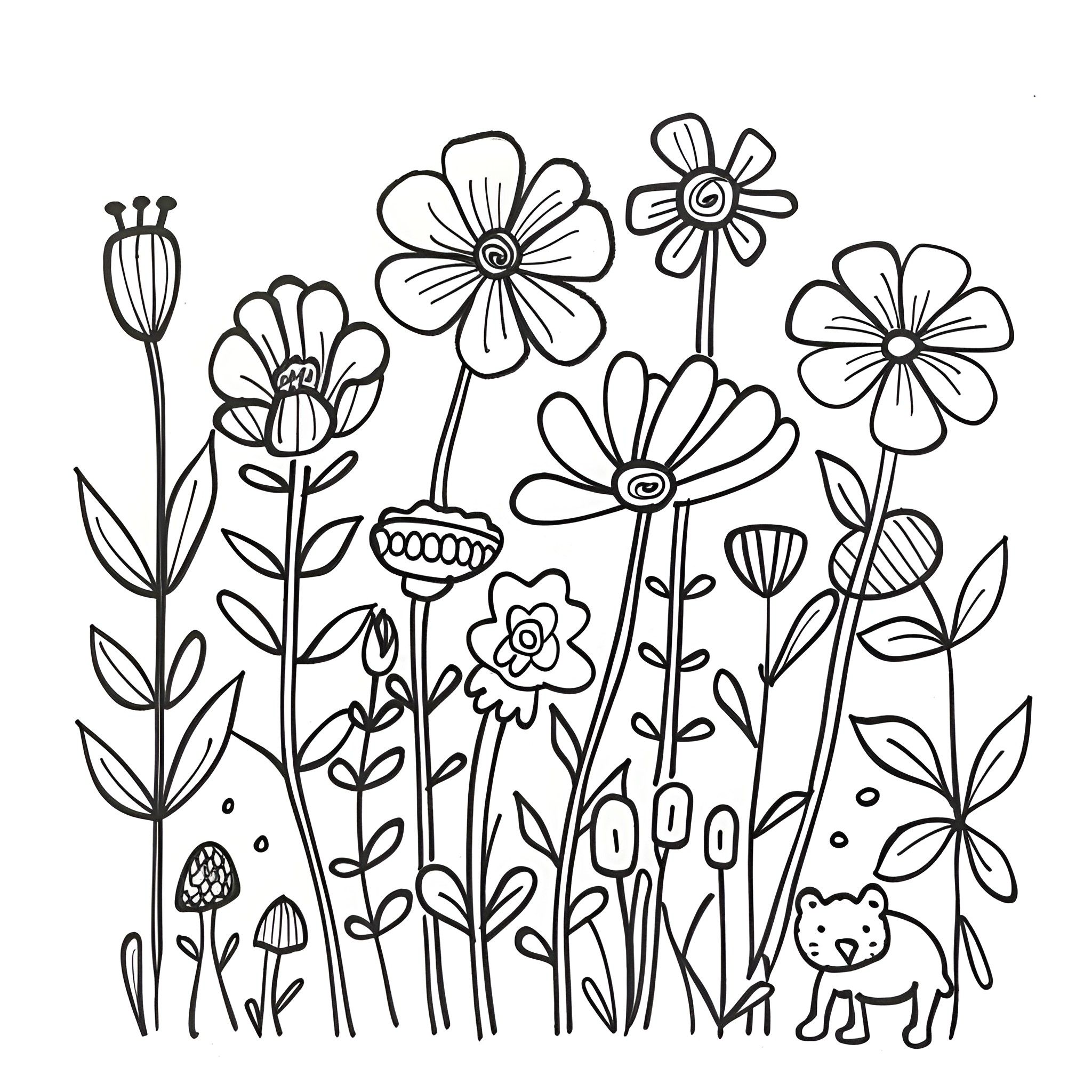 Flowers in a whimsical garden scene Drawing Idea (free black-and-white line drawing printable PDF for all, from beginners to advanced learners, including children, teens, adults, and seniors)