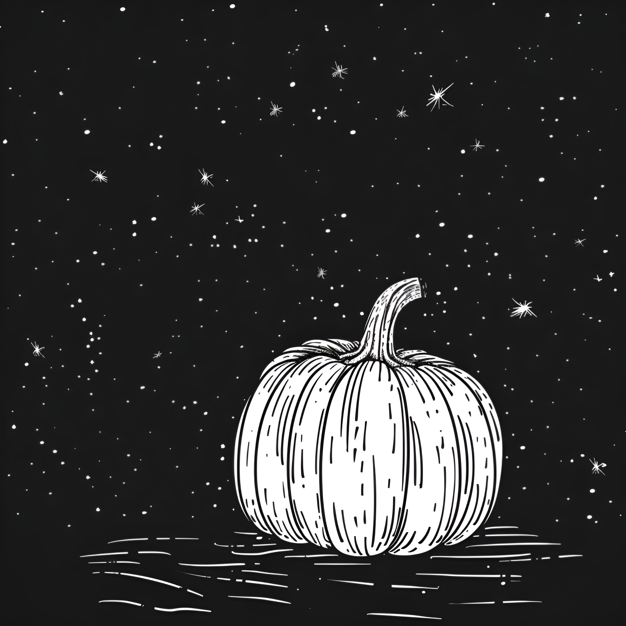 Pumpkin under starry night sky Drawing Idea (free black-and-white line drawing printable PDF for all, from beginners to advanced learners, including children, teens, adults, and seniors)