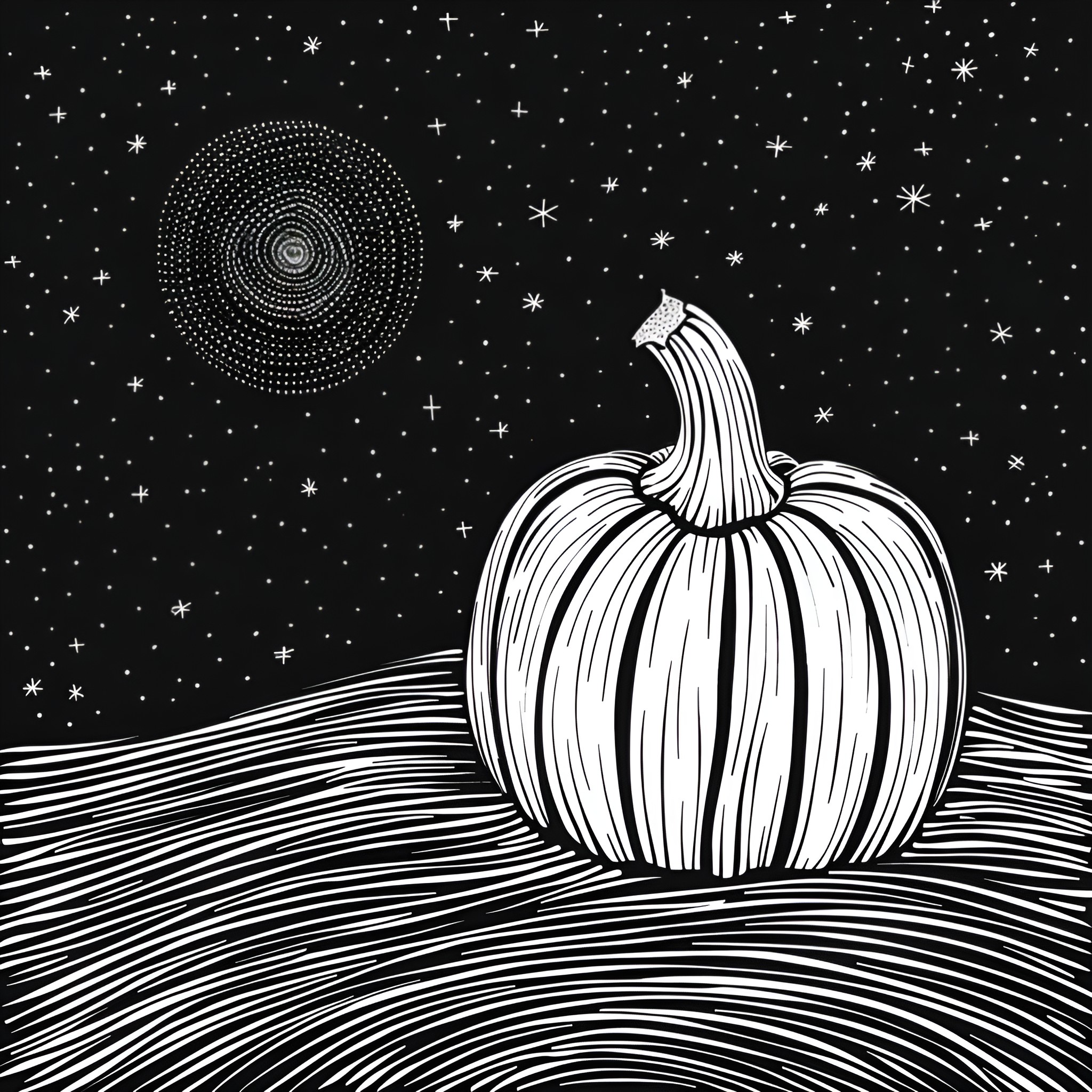 Pumpkin under the starry night sky Drawing Idea (free black-and-white line drawing printable PDF for all, from beginners to advanced learners, including children, teens, adults, and seniors)