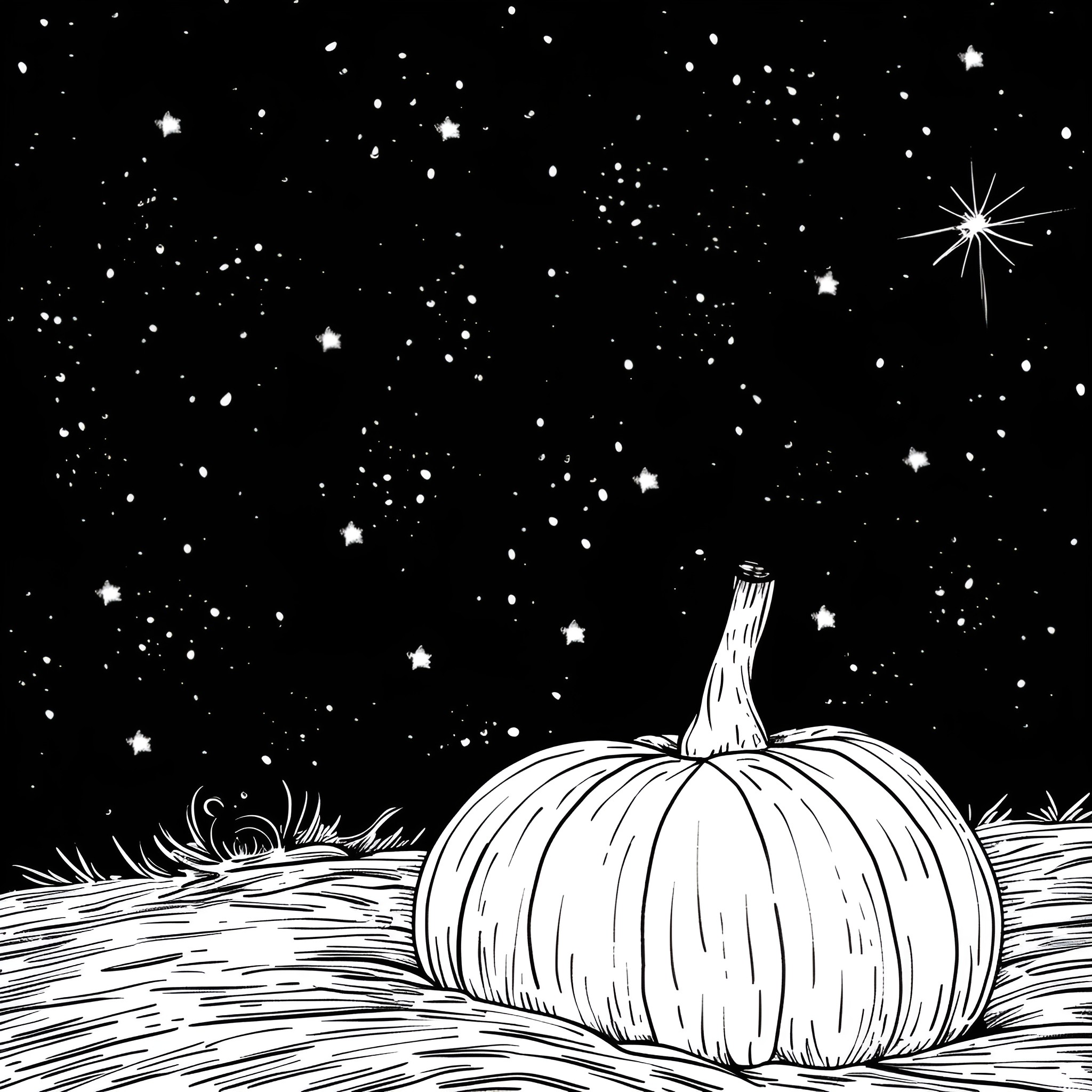 Pumpkin under starry night sky Drawing Idea (free black-and-white line drawing printable PDF for all, from beginners to advanced learners, including children, teens, adults, and seniors)
