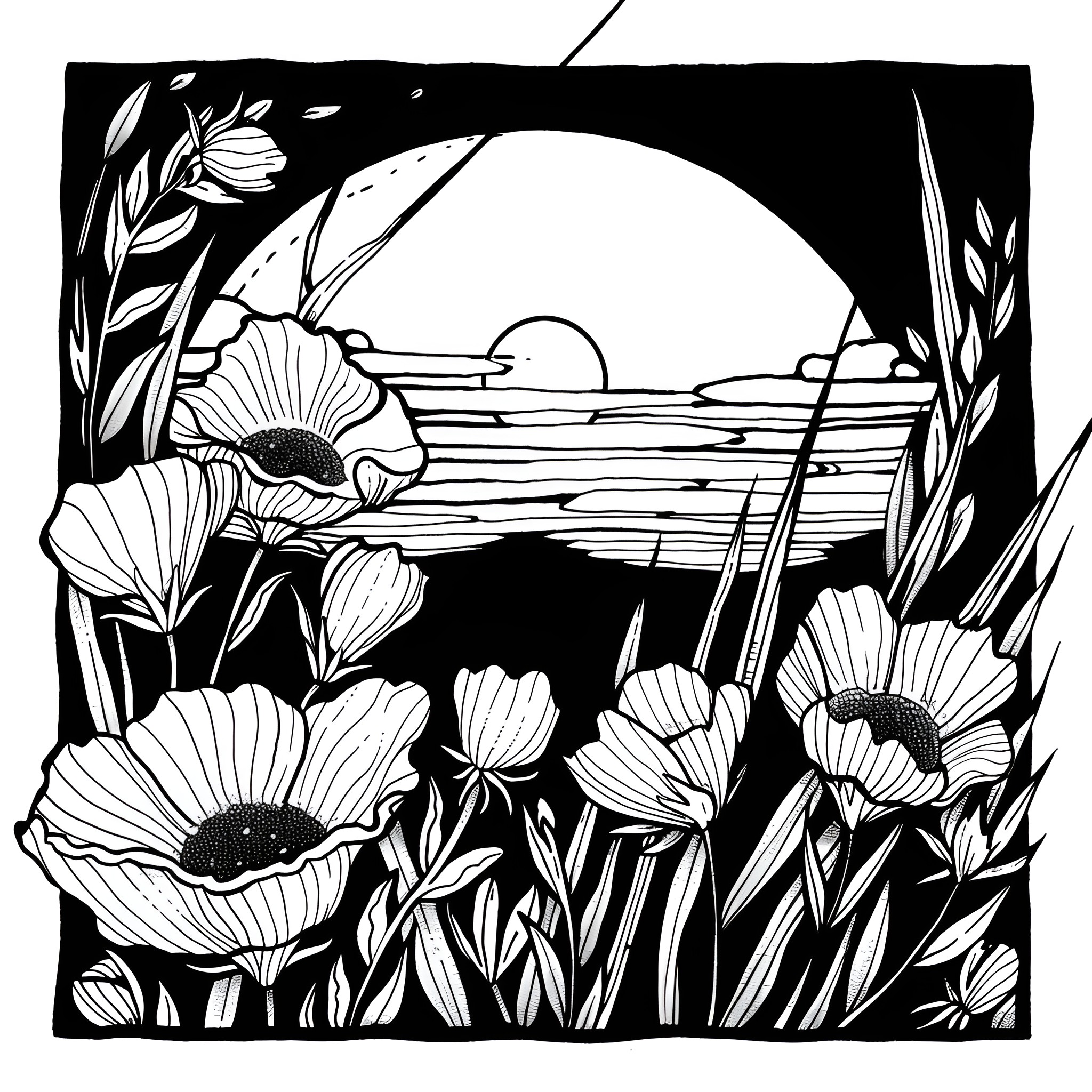 Flowers blooming at sunset Drawing Idea (free black-and-white line drawing printable PDF for all, from beginners to advanced learners, including children, teens, adults, and seniors)