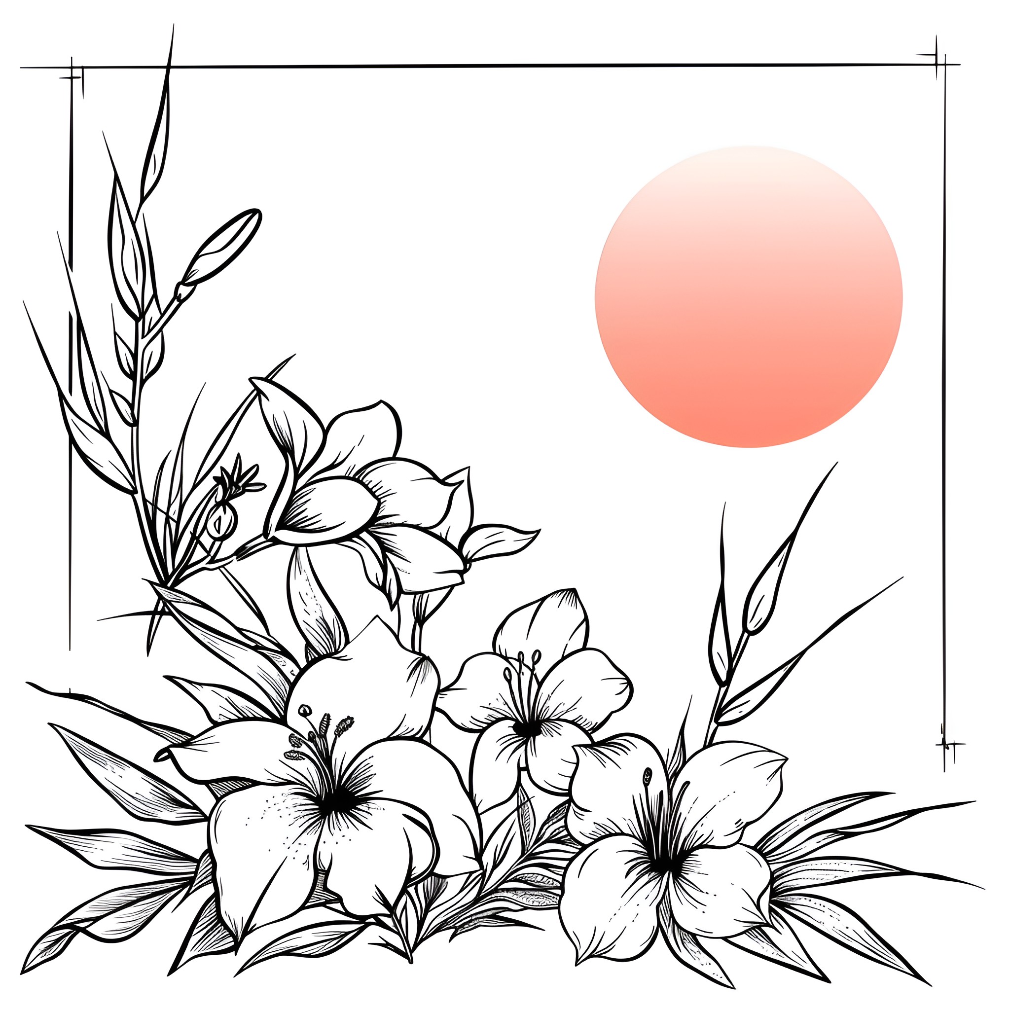 Flowers blooming under the sun Drawing Idea (free black-and-white line drawing printable PDF for all, from beginners to advanced learners, including children, teens, adults, and seniors)