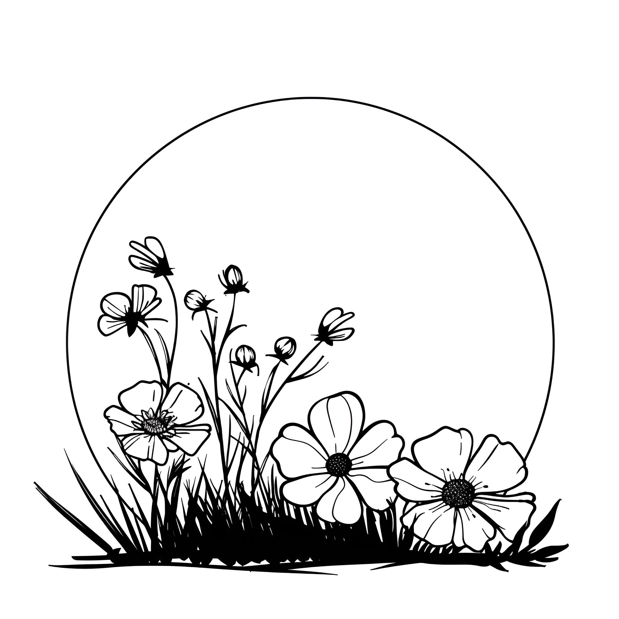 Flowers blooming in meadow Drawing Idea (free black-and-white line drawing printable PDF for all, from beginners to advanced learners, including children, teens, adults, and seniors)
